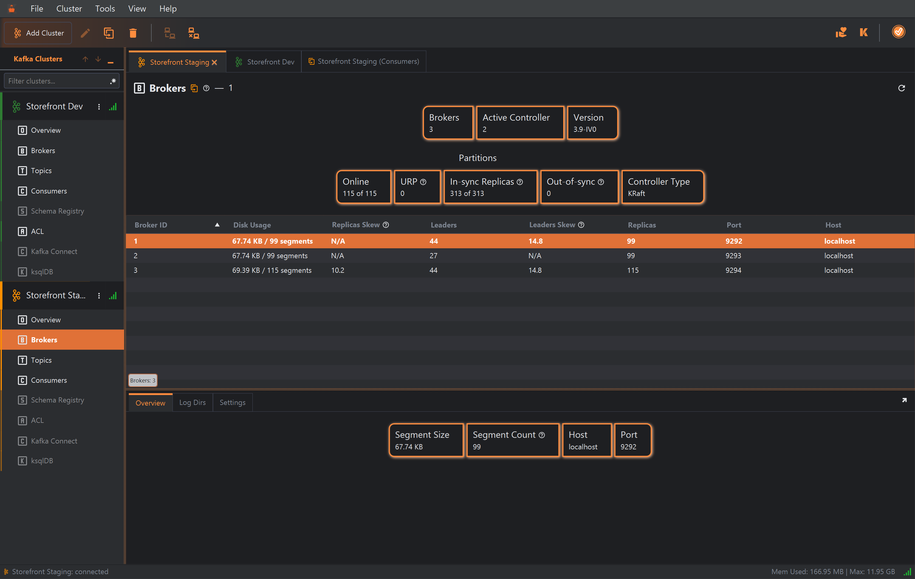 The brokers list. Broker 1: 67.74 KB / 99 segments, Replicas Skew N/A, 44 leaders, Leaders Skew 14.8, 99 replicas, port 9292. Broker 2: 67.74 KB / 99 segments, Replicas Skew N/A, 27 leaders, Leaders Skew N/A, 99 replicas, port 9293. Broker 3: 69.39 KB / 115 segments, Replicas Skew 10.2, 44 leaders, Leaders Skew 14.8, 115 replicas, port 9294. All hosts are localhost.