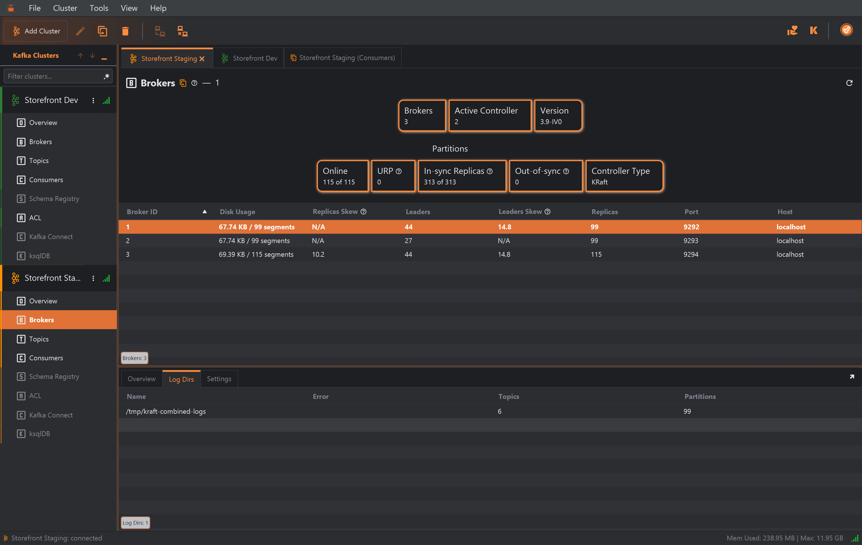 The Log Dirs tab of broker 1, with one row: Name /tmp/kraft-combined-logs, an empty Error column, Topics 6 and Partitions 99.