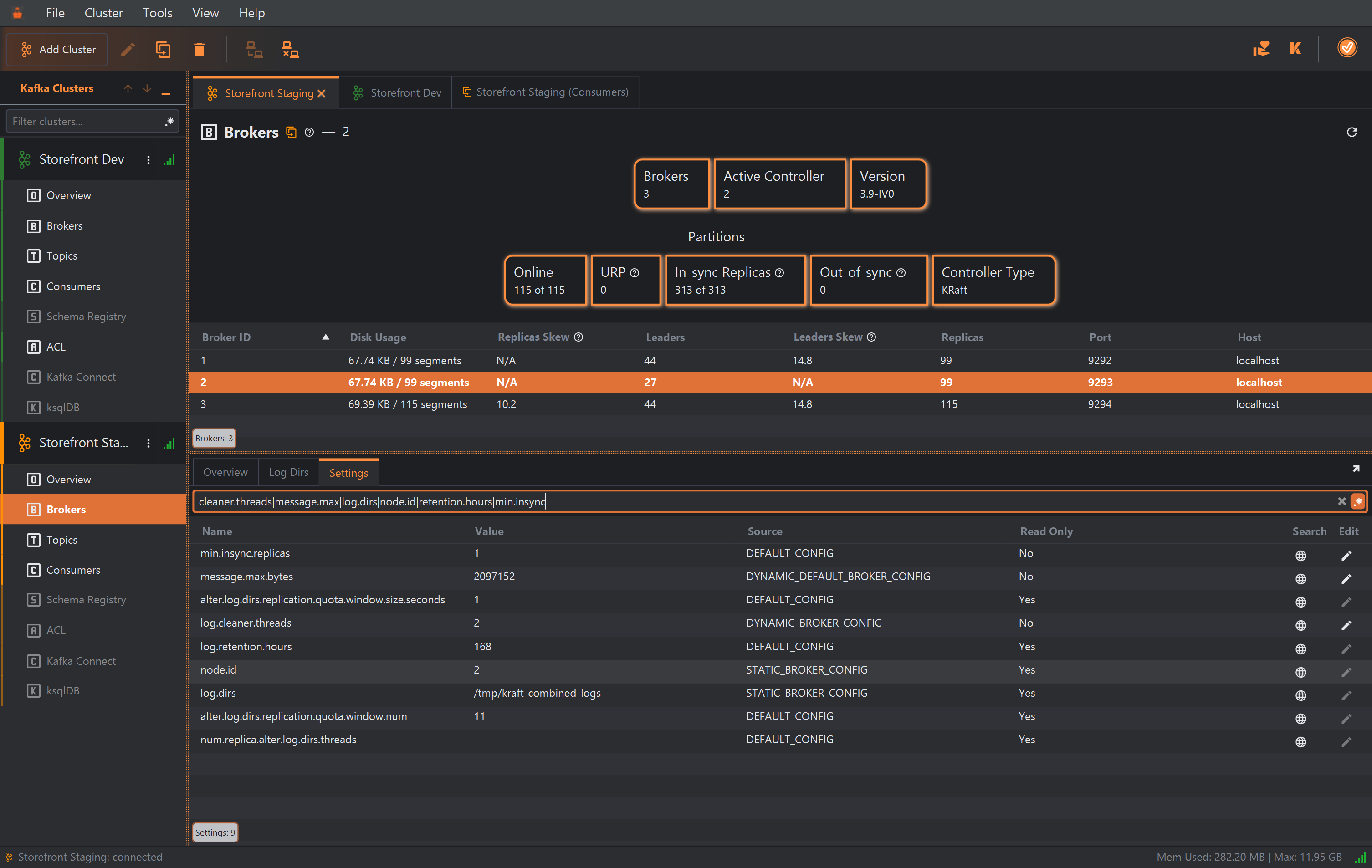 Broker 2 selected, with its Settings tab open and the filter set to the regular expression cleaner.threads|message.max|log.dirs|node.id|retention.hours|min.insync. Nine settings match, including min.insync.replicas 1 (DEFAULT_CONFIG, Read Only No), message.max.bytes 2097152 (DYNAMIC_DEFAULT_BROKER_CONFIG, No), log.cleaner.threads 2 (DYNAMIC_BROKER_CONFIG, No), log.retention.hours 168 (DEFAULT_CONFIG, Yes), node.id 2 and log.dirs /tmp/kraft-combined-logs (STATIC_BROKER_CONFIG, Yes). Each row has a globe icon under Search and a pencil under Edit; the pencils of read-only rows are greyed out.