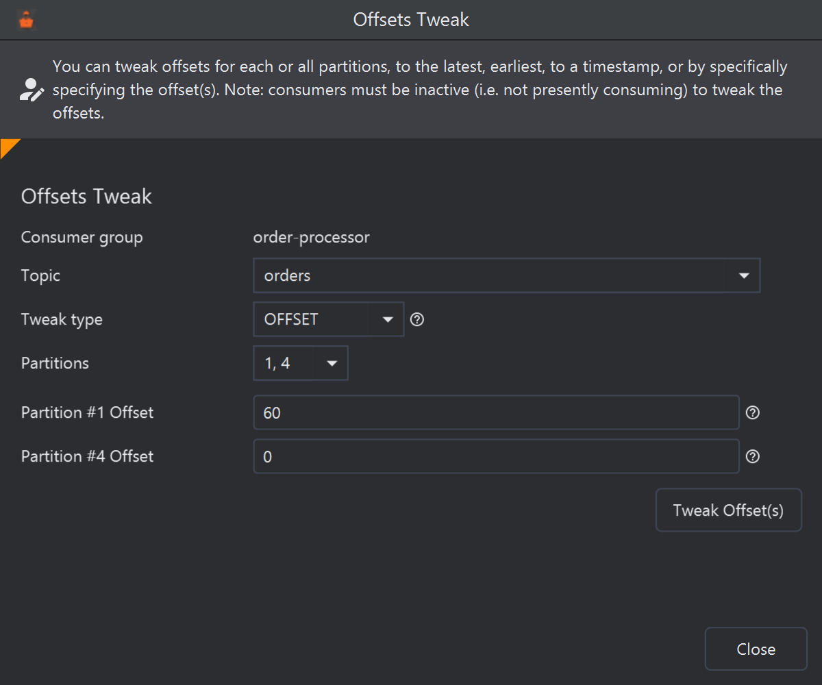 The Offsets Tweak dialog with Tweak type OFFSET and Partitions 1, 4: fields Partition #1 Offset set to 60 and Partition #4 Offset set to 0, each with a help icon, above the Tweak Offset(s) button.