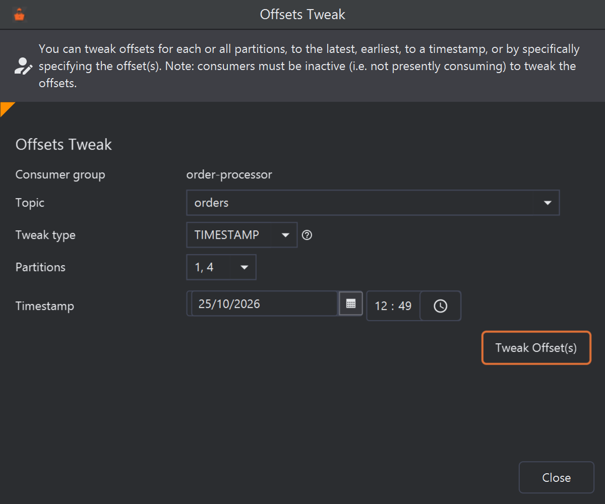 The Offsets Tweak dialog with Tweak type TIMESTAMP and partitions 1 and 4 ticked: a Timestamp row has appeared with a date field (25/10/2026, with a calendar button) and a time field (12:49, with a clock button).