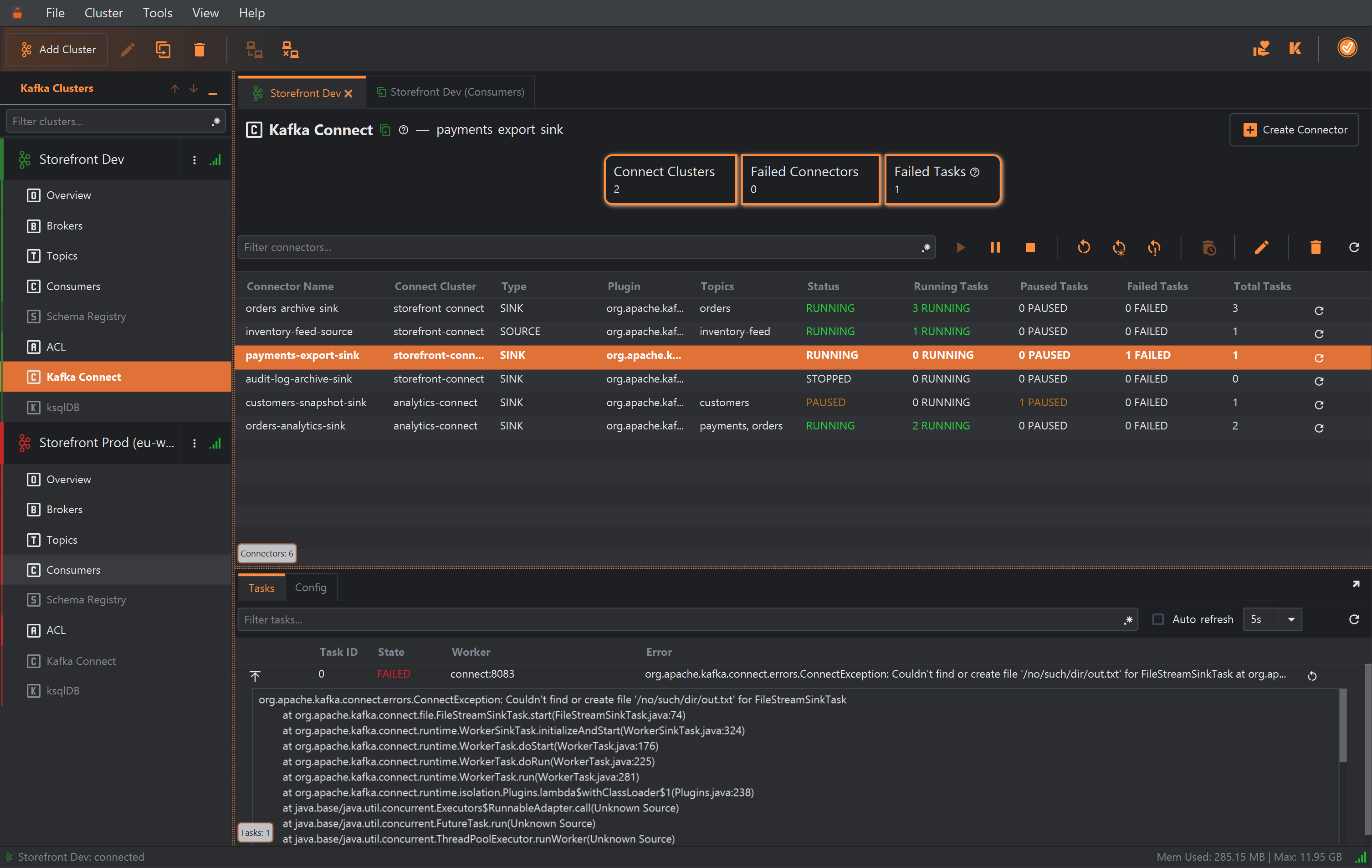 The Tasks tab of payments-export-sink. Task 0 is FAILED on worker connect:8083; its row is expanded to show the full stack trace, starting org.apache.kafka.connect.errors.ConnectException: Couldn't find or create file '/no/such/dir/out.txt' for FileStreamSinkTask, followed by the at lines.