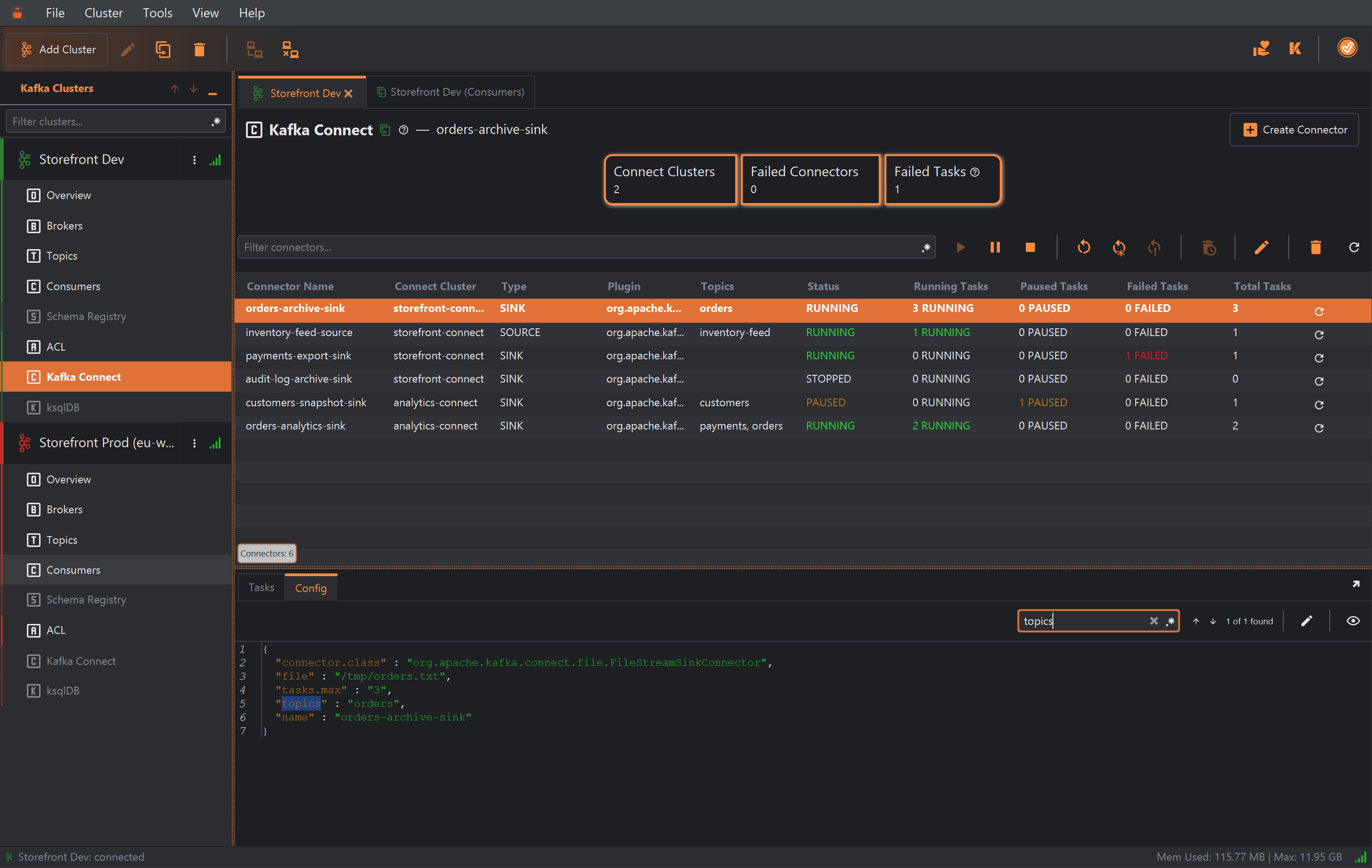 The Config tab of orders-archive-sink: a JSON editor with connector.class org.apache.kafka.connect.file.FileStreamSinkConnector, file /tmp/orders.txt, tasks.max 3, topics (highlighted by a search) orders and name orders-archive-sink.