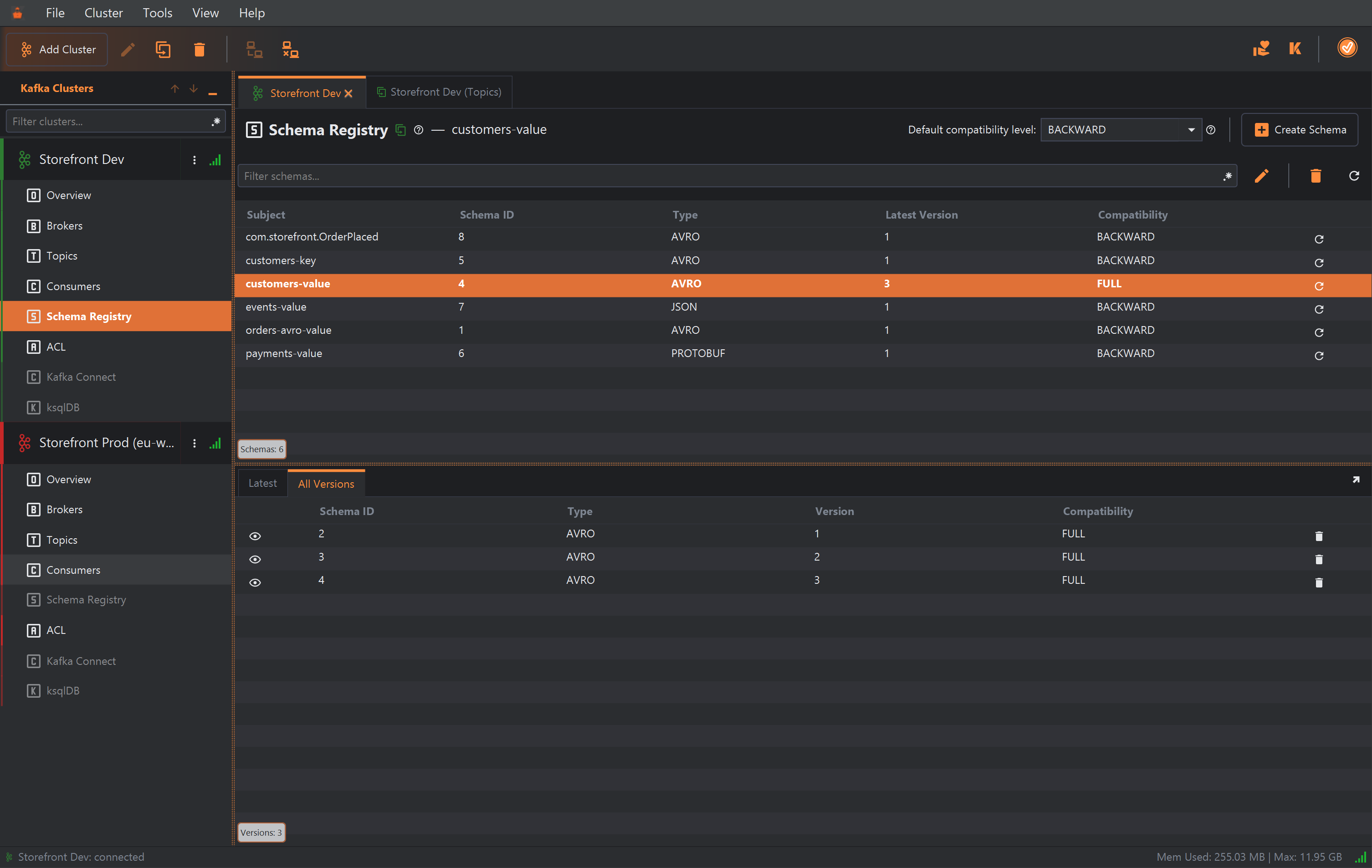 The All Versions tab for customers-value: three rows, each with an eye icon, then Schema ID, Type, Version and Compatibility: 2, AVRO, 1, FULL; 3, AVRO, 2, FULL; 4, AVRO, 3, FULL; and a delete icon at the end of each row.