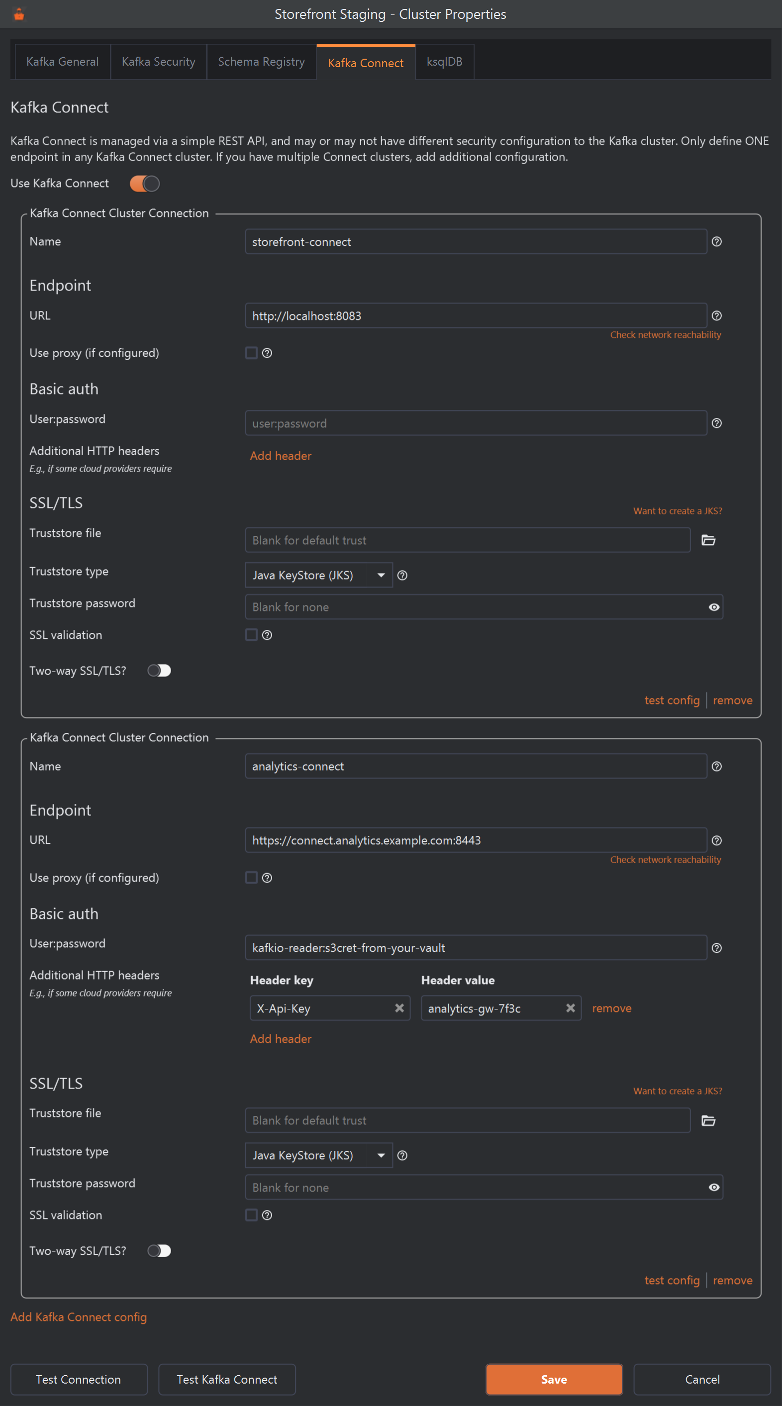 The Kafka Connect tab of the Cluster Properties dialog for the Storefront Staging cluster. Under a short explanation, Use Kafka Connect is switched on. A box titled Kafka Connect Cluster Connection holds Name storefront-connect; under Endpoint, URL http://localhost:8083 with a Check network reachability link and an unticked Use proxy (if configured) box; under Basic auth, an empty User:password field and Additional HTTP headers with an Add header link; and under SSL/TLS, Truststore file (Blank for default trust), Truststore type Java KeyStore (JKS), Truststore password, SSL validation unticked and a Two-way SSL/TLS? switch. The box ends with test config and remove links.