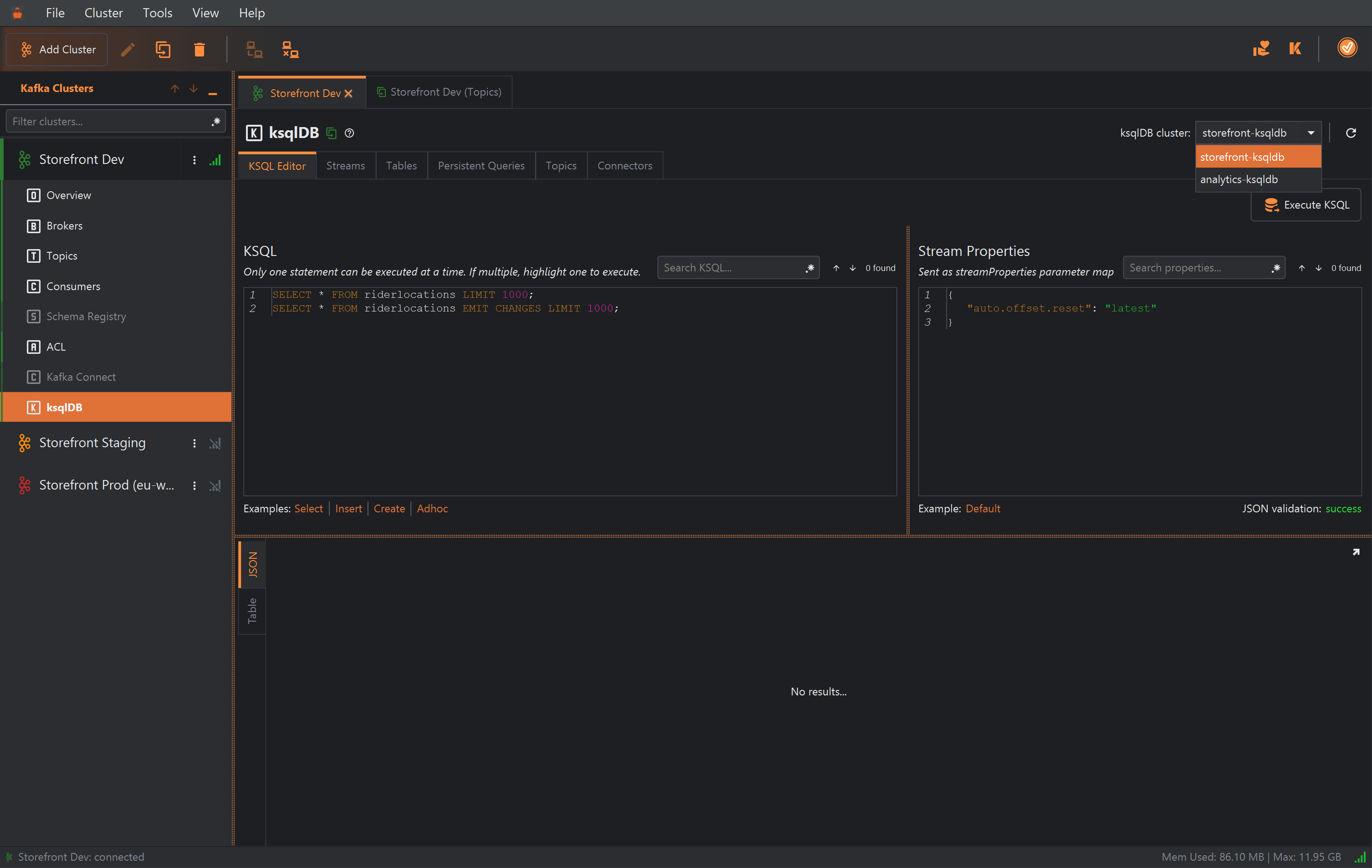 The top right of the Storefront Dev cluster's ksqlDB section: the ksqlDB cluster list is open, showing storefront-ksqldb (selected) and analytics-ksqldb, with a refresh button beside it.