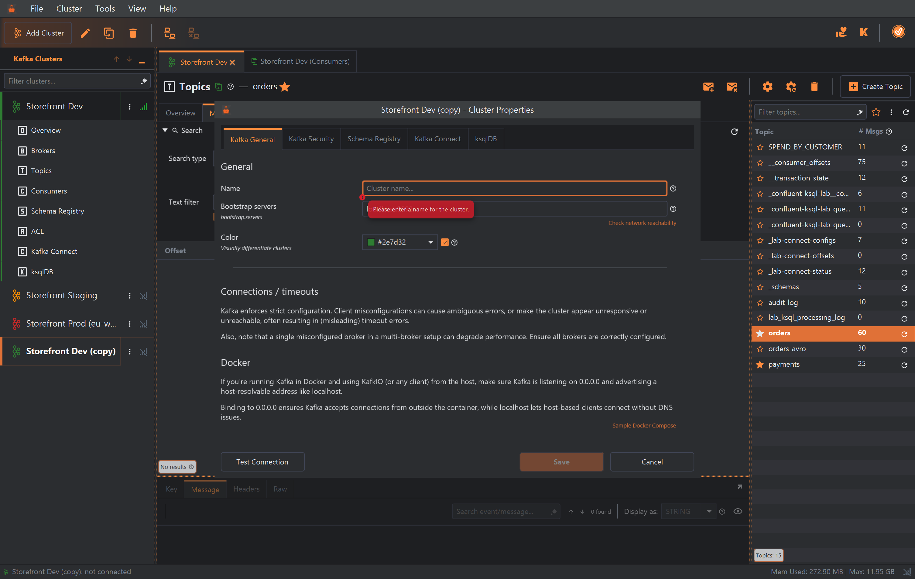 The Cluster Properties dialog with an empty Name field outlined, a red mark at its bottom left and a red tooltip reading Please enter a name for the cluster. The Save button at the bottom is greyed out.