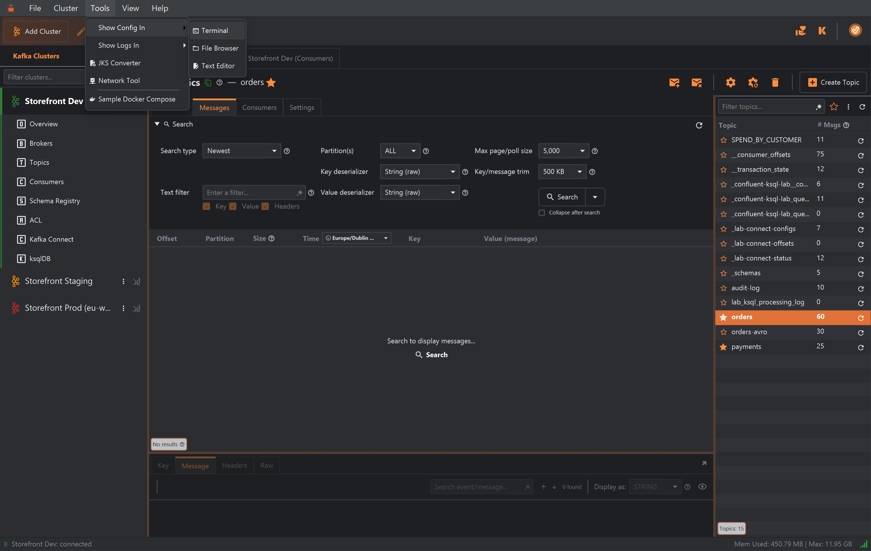The Tools menu open with Show Config In highlighted, and its submenu listing Terminal, File Browser and Text Editor. The rest of the Tools menu shows Show Logs In, JKS Converter, Network Tool and Sample Docker Compose.
