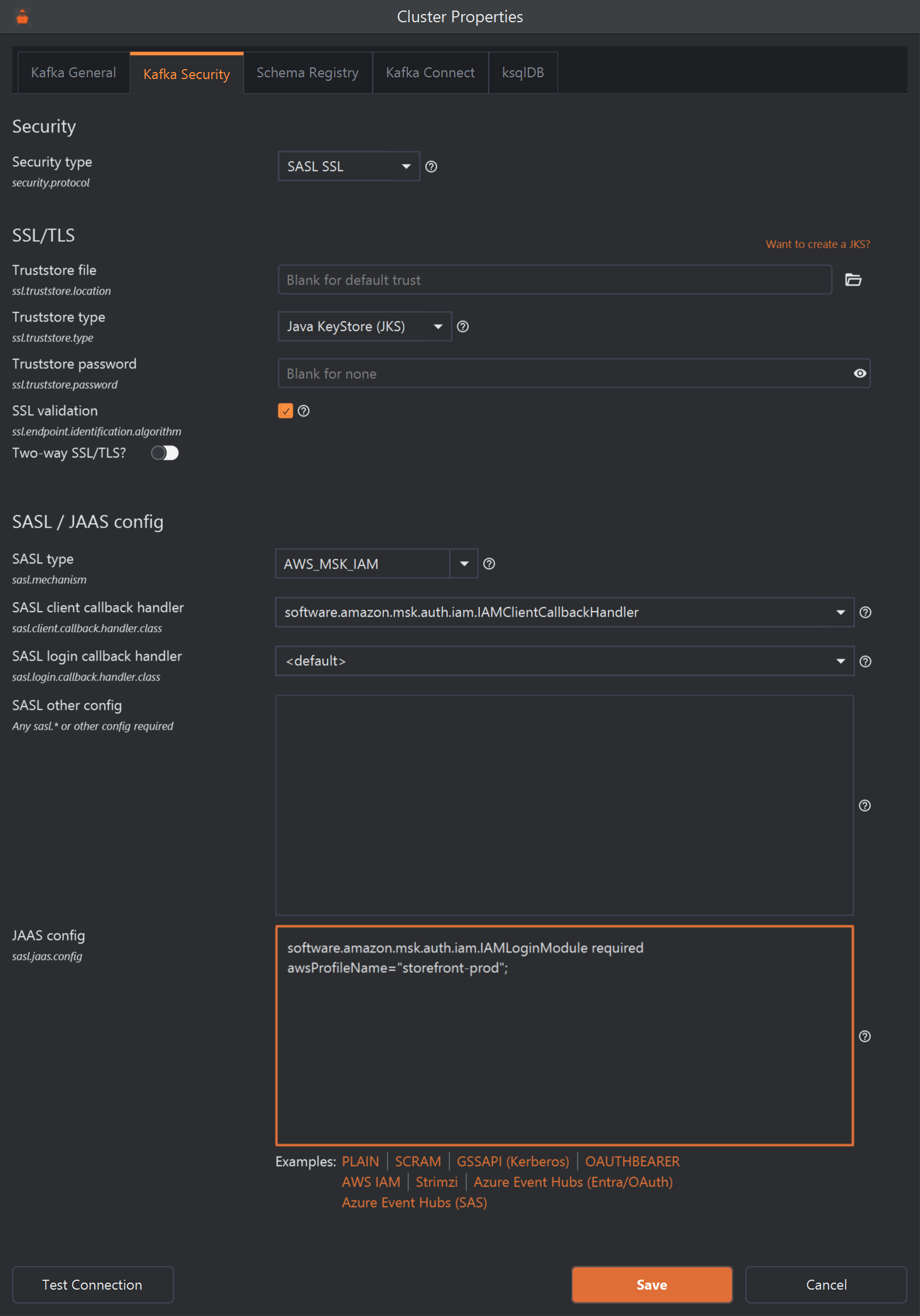 The Kafka Security tab set up for Amazon MSK with IAM: Security type SASL SSL, SSL validation ticked and the truststore blank. In the SASL / JAAS config section, SASL type is AWS_MSK_IAM, SASL client callback handler is software.amazon.msk.auth.iam.IAMClientCallbackHandler, the login callback handler is default, SASL other config is empty, and JAAS config holds software.amazon.msk.auth.iam.IAMLoginModule required with awsProfileName storefront-prod. The example links are below.