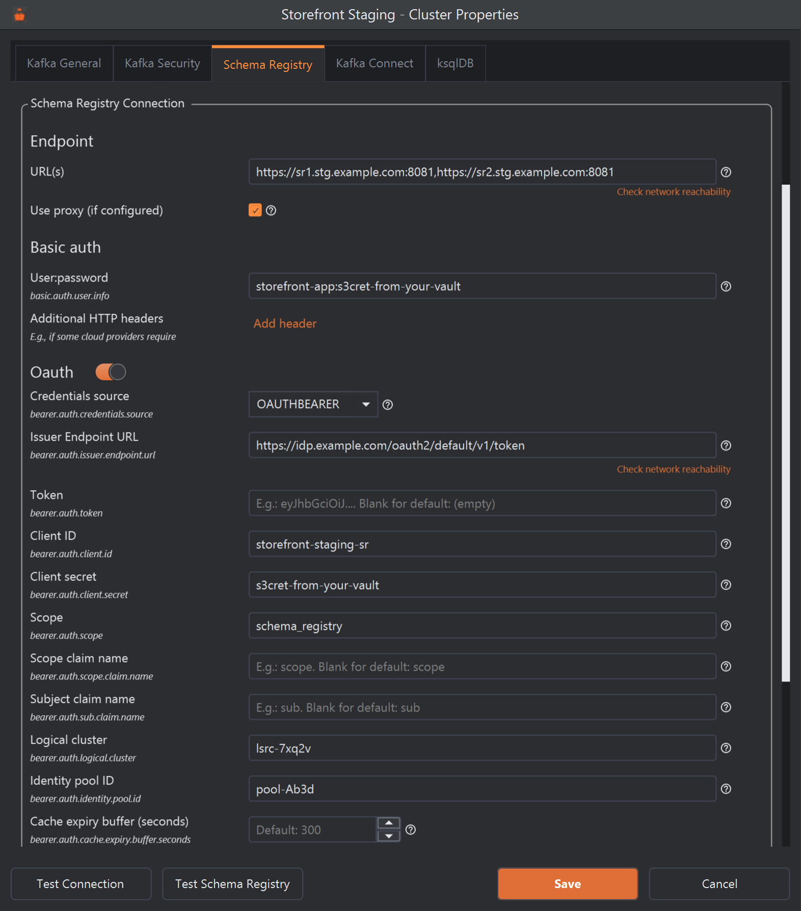 The OAuth part of the Schema Registry tab with Oauth switched on. Credentials source is OAUTHBEARER. Issuer Endpoint URL is https://idp.example.com/oauth2/default/v1/token, with a Check network reachability link. Token is empty. Client ID is storefront-staging-sr, Client secret s3cret-from-your-vault, Scope schema_registry. Scope claim name and Subject claim name are empty, showing their defaults scope and sub. Logical cluster is lsrc-7xq2v, Identity pool ID pool-Ab3d, and Cache expiry buffer (seconds) is empty with the hint Default: 300. Each label has its bearer.auth setting name under it.