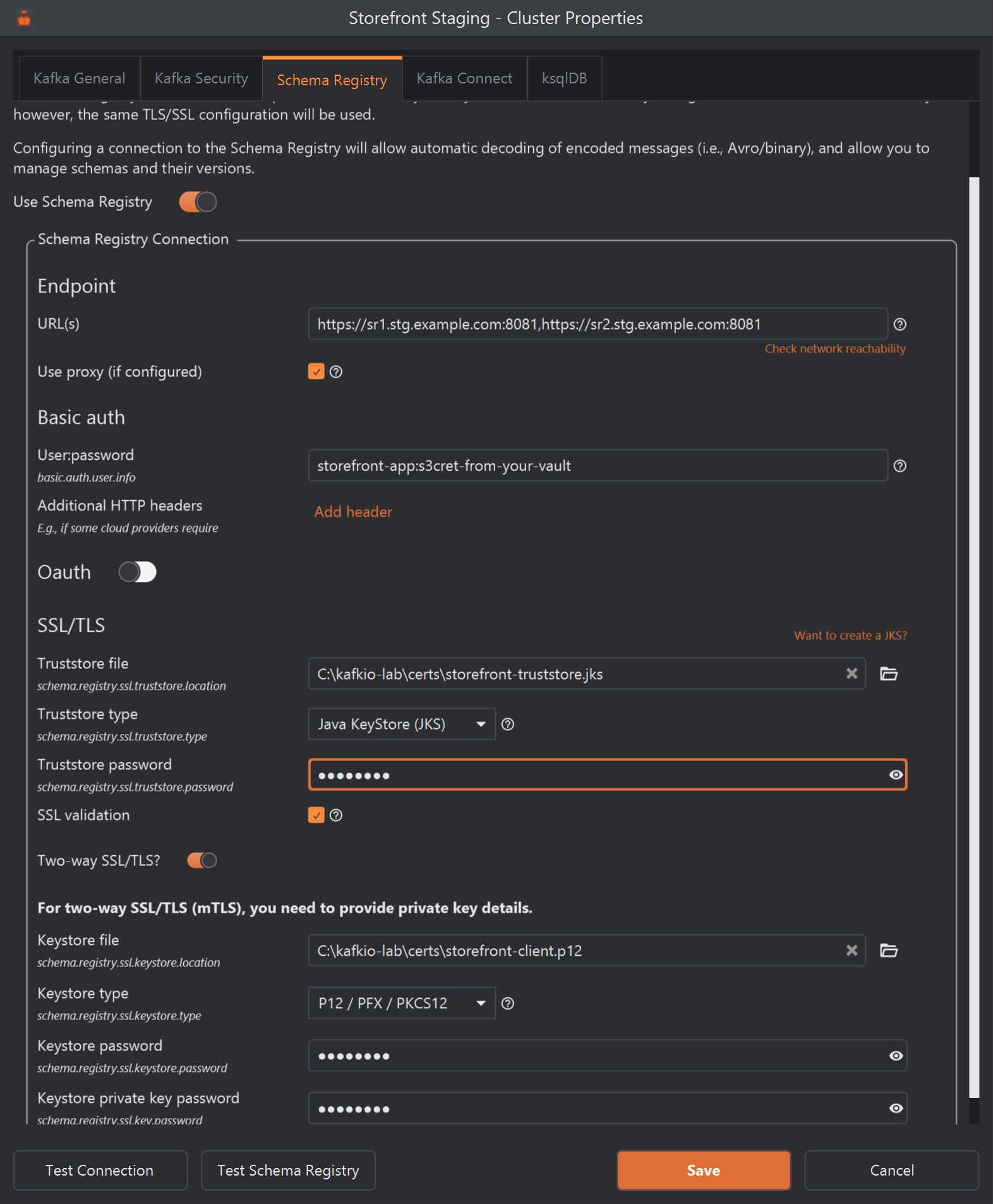 The SSL/TLS part of the Schema Registry tab. Truststore file is C:\kafkio-lab\certs\storefront-truststore.jks, Truststore type is Java KeyStore (JKS), Truststore password is filled in, SSL validation is ticked and Two-way SSL/TLS? is switched on. Below, under the bold text For two-way SSL/TLS (mTLS), you need to provide private key details, are Keystore file C:\kafkio-lab\certs\storefront-client.p12, Keystore type P12 / PFX / PKCS12, Keystore password and Keystore private key password. A Want to create a JKS? link is at the top right.