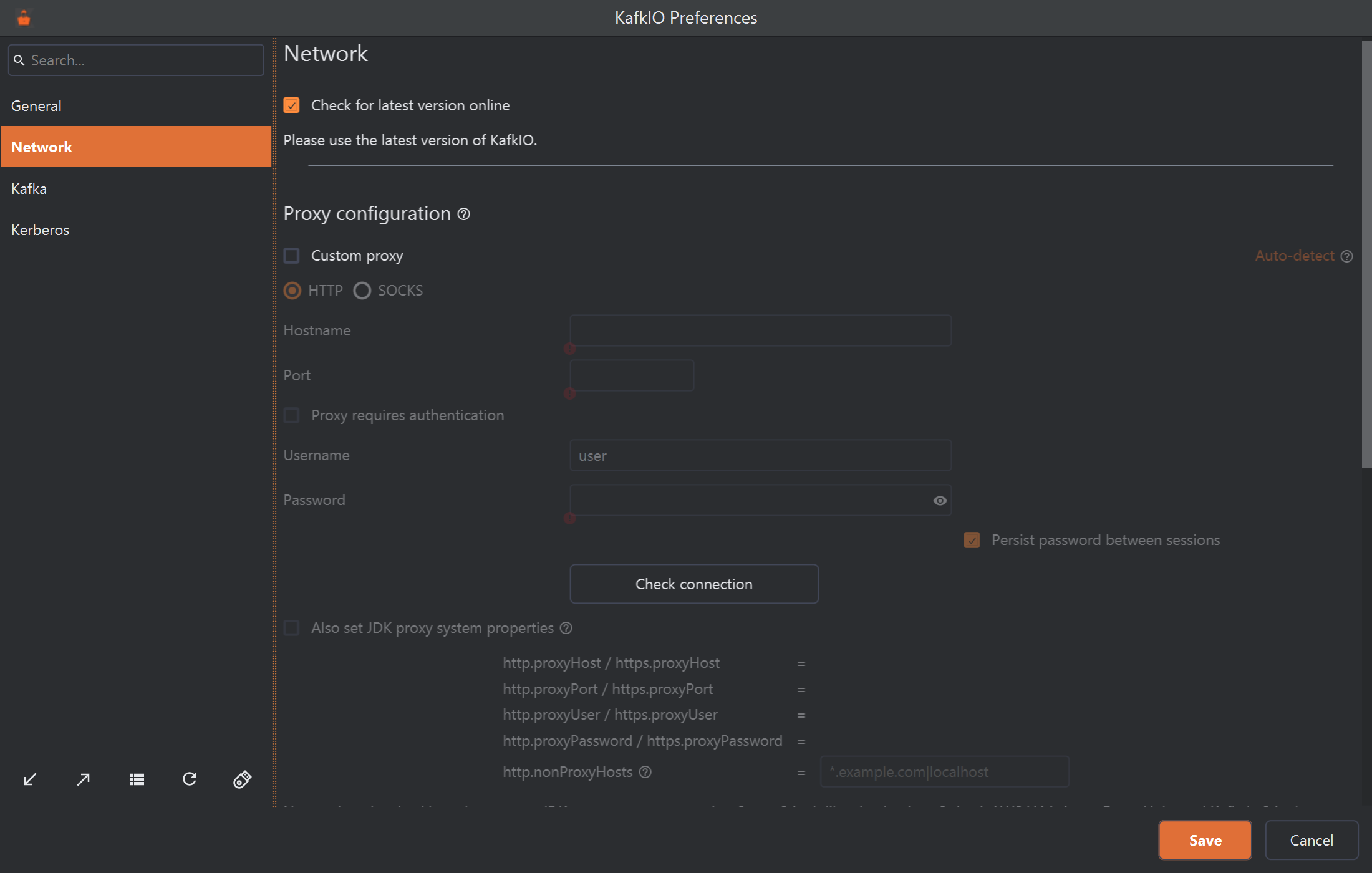 The KafkIO Preferences window with Network selected in the list on the left. At the top of the Network page is a ticked checkbox, Check for latest version online, with the note: Please use the latest version of KafkIO. The proxy configuration follows below.