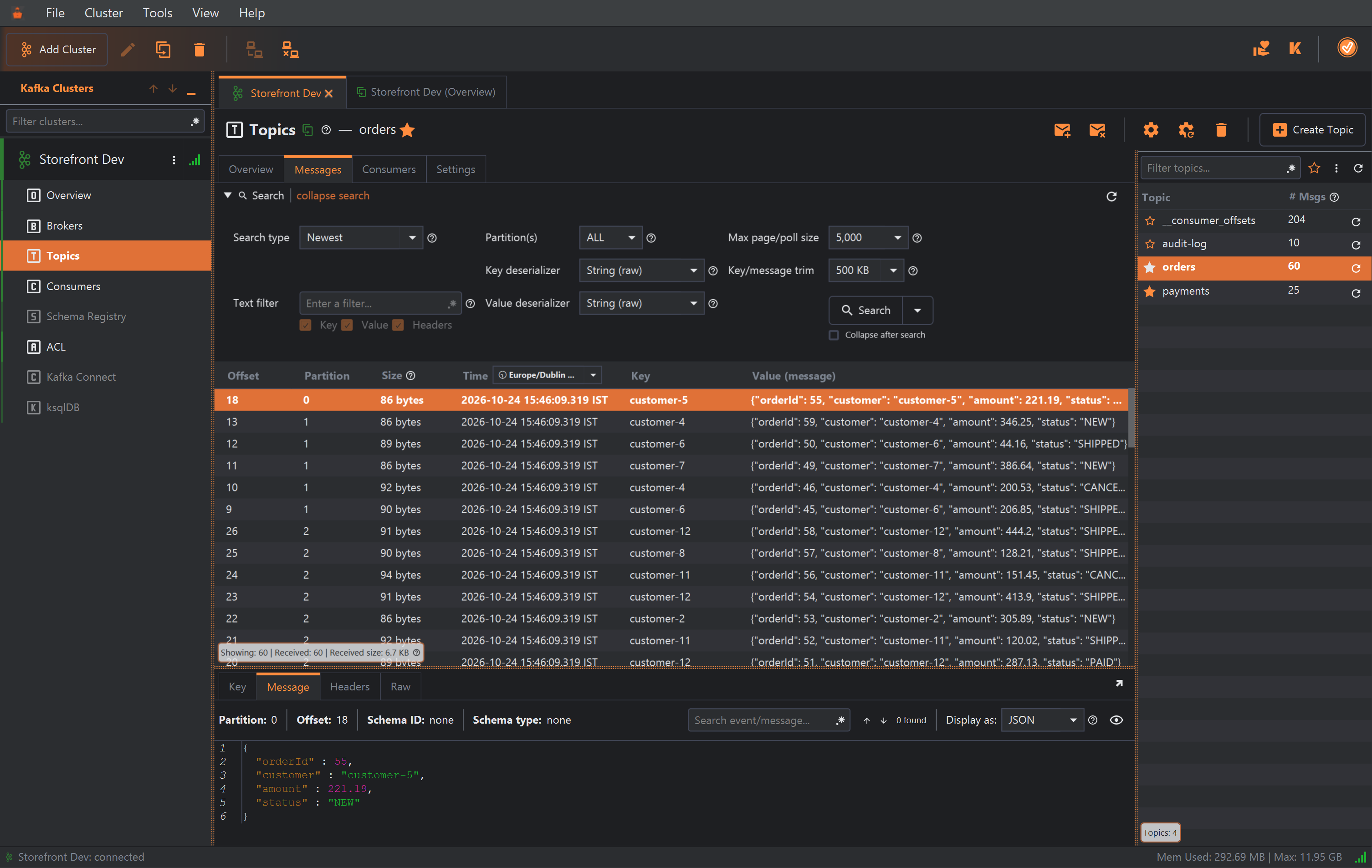 The Topics section of Storefront Dev, with a second tab, Storefront Dev (Overview), beside the first. The orders topic is selected in the topics list on the right, which also shows __consumer_offsets, audit-log and payments with their message counts. The Messages tab shows the search form with Search type Newest, then 60 JSON order messages with offset, partition, size, time, key and value, and the first one, for customer-5, formatted as JSON in the pane below.