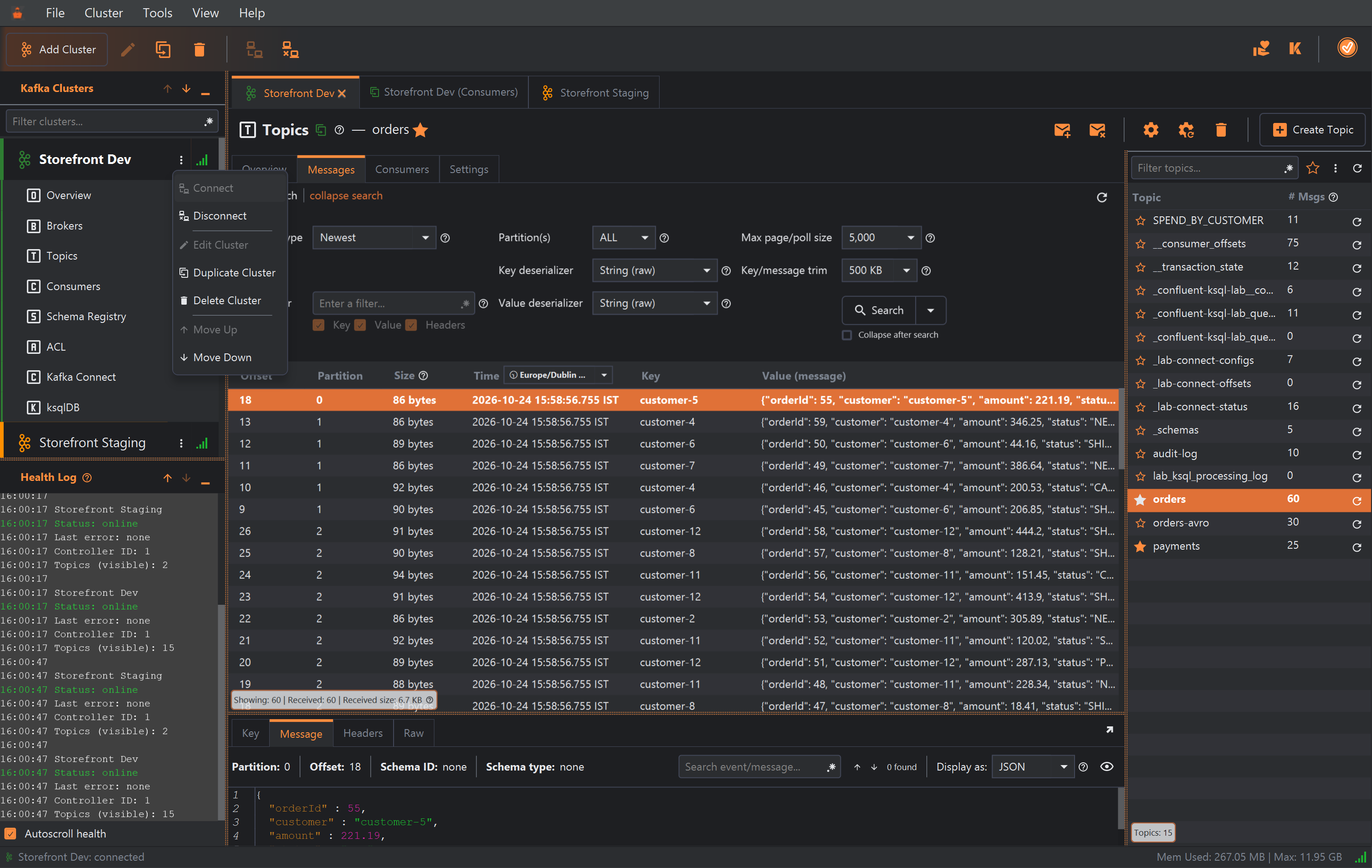 The Kafka Clusters pane with its header buttons and a Filter clusters field. The Storefront Dev row has a three-dot button and a green signal icon; its Cluster Actions menu is open, listing Connect (greyed), Disconnect, Edit Cluster (greyed), Duplicate Cluster, Delete Cluster, Move Up (greyed) and Move Down.