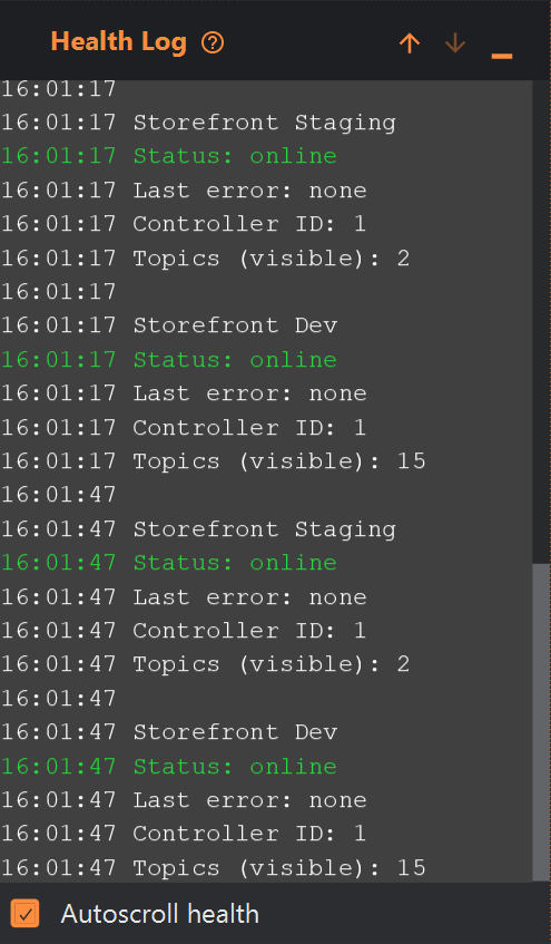 The Health Log pane: blocks of timestamped lines for Storefront Staging and Storefront Dev, each with Status: online in green, Last error: none, Controller ID: 1 and Topics (visible). An Autoscroll health checkbox is ticked at the bottom.