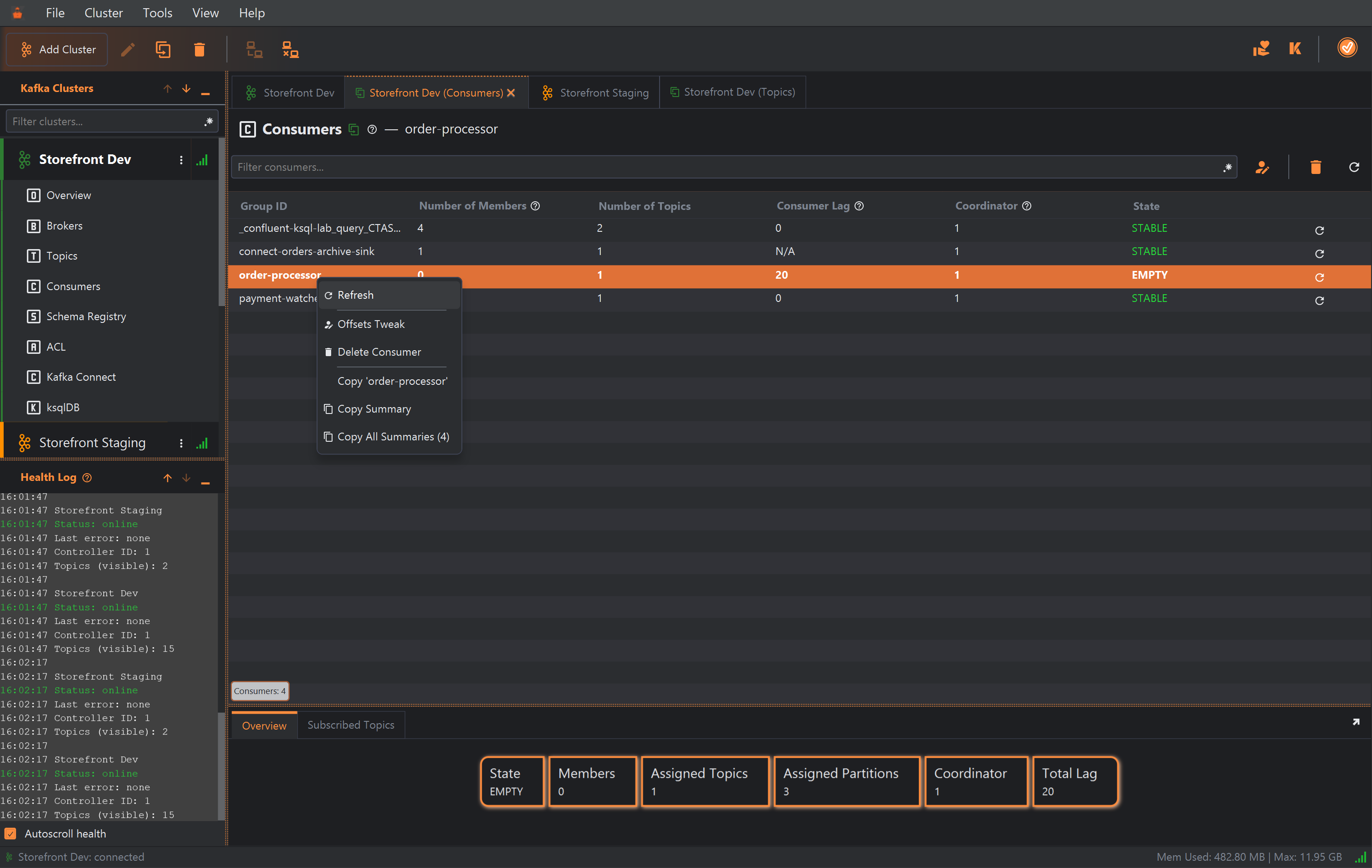 The right half of the Consumers section: the end of the Filter consumers field with its regex icon, action buttons and a refresh button, then the Consumer Lag, Coordinator and State columns of four consumer groups, with a refresh icon at the end of each row. The order-processor row, with a lag of 20, is selected.