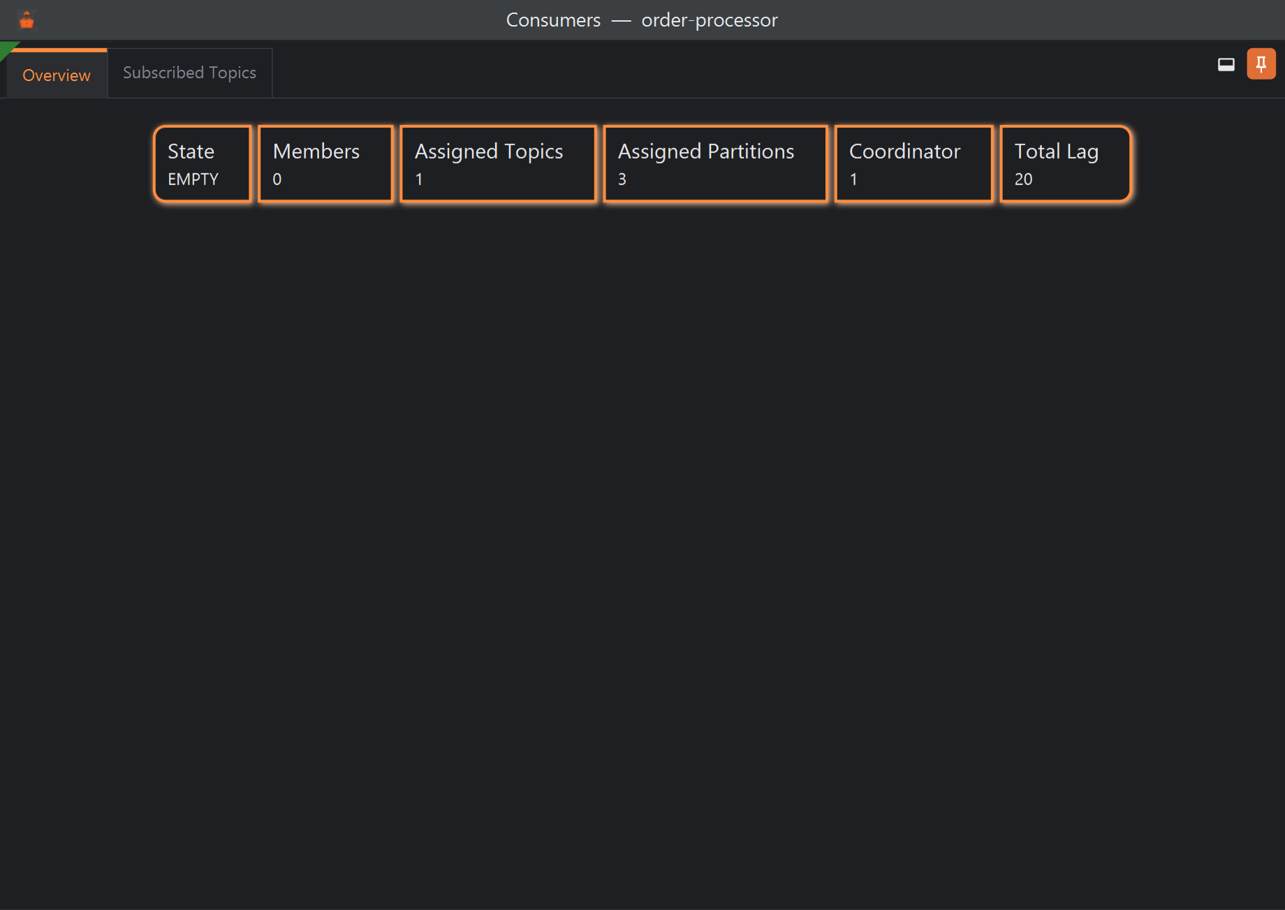 A separate window titled Consumers — order-processor, with a green triangle in its top-left corner, the Overview and Subscribed Topics tabs, and cards for State EMPTY, Members 0, Assigned Topics 1, Assigned Partitions 3, Coordinator 1 and Total Lag 20. Two buttons sit at the top right.
