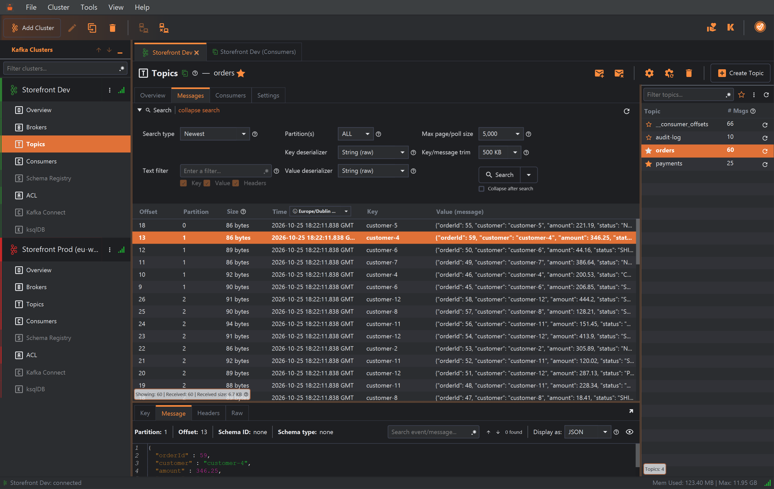 The search form of a topic's Messages tab in the dark theme, with hints on. Small circled question-mark icons sit to the right of Search type, Partition(s), Max page/poll size, Key deserializer, Key/message trim, Text filter and Value deserializer.