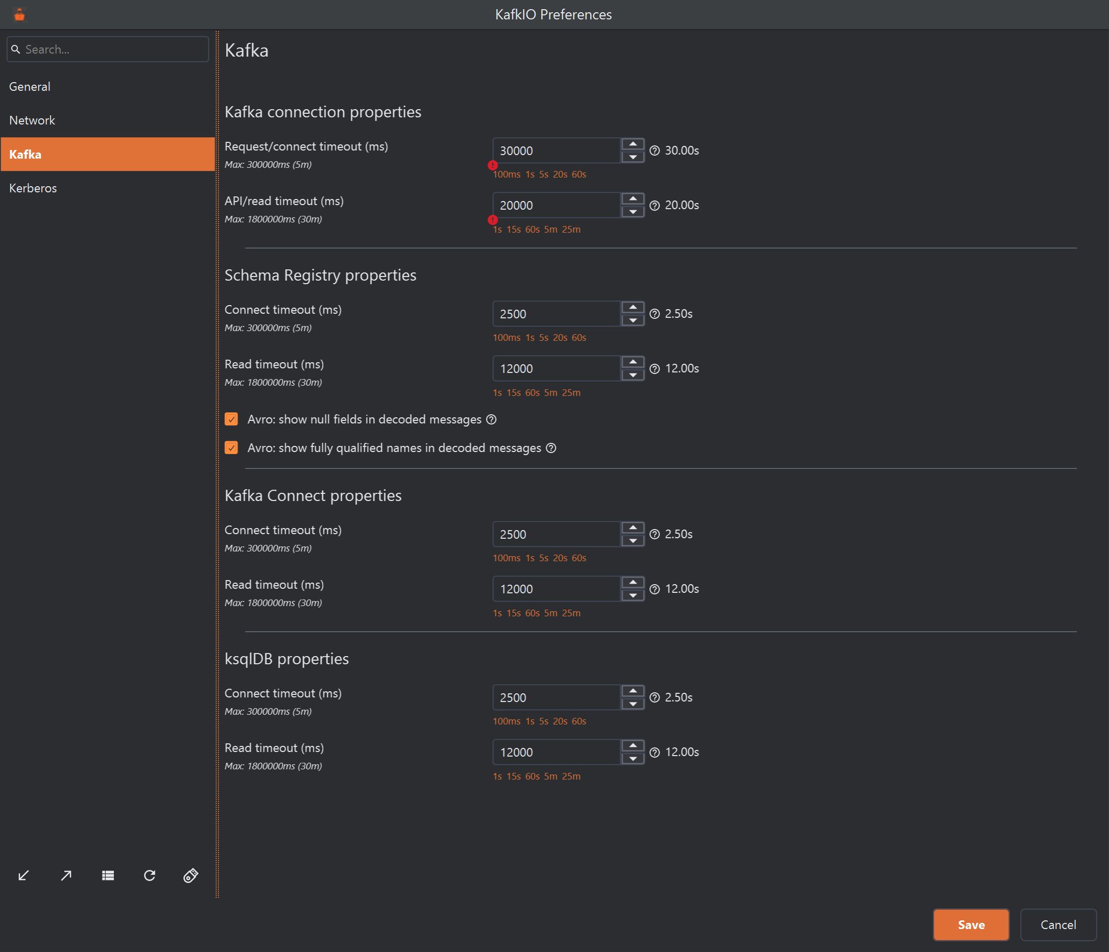 The Kafka connection properties section with Request/connect timeout set to 30000 (30.00s) and API/read timeout set to 20000 (20.00s). A small red error icon sits at the bottom-left corner of each field.