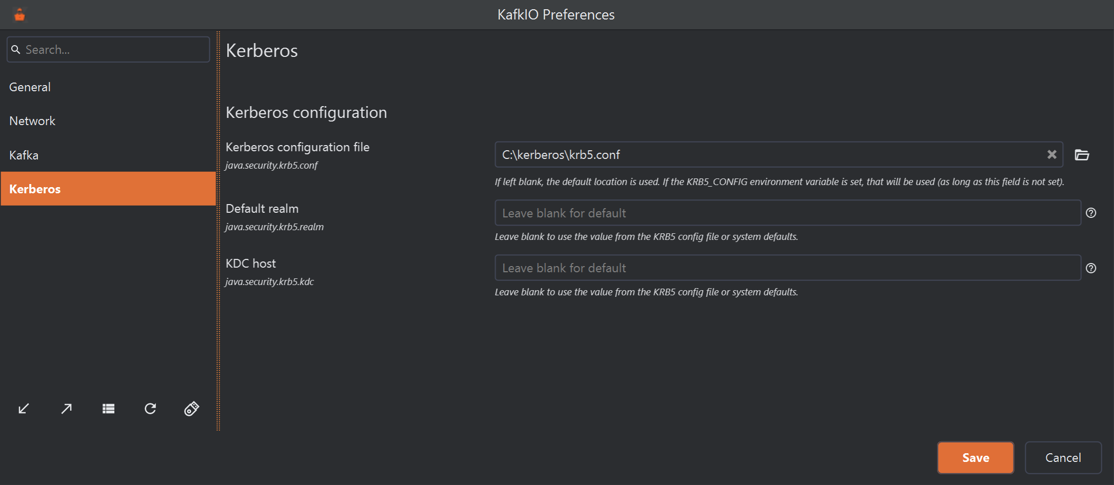 The KafkIO Preferences window with Kerberos selected in the list on the left (General, Network, Kafka, Kerberos). The Kerberos page has a Kerberos configuration section with three fields: Kerberos configuration file (java.security.krb5.conf) set to C:\kerberos\krb5.conf, with a clear button and a folder button, and the note: If left blank, the default location is used. If the KRB5_CONFIG environment variable is set, that will be used (as long as this field is not set). Default realm (java.security.krb5.realm) and KDC host (java.security.krb5.kdc) are empty, showing Leave blank for default, each with an information icon and the note: Leave blank to use the value from the KRB5 config file or system defaults. Save and Cancel are at the bottom right.
