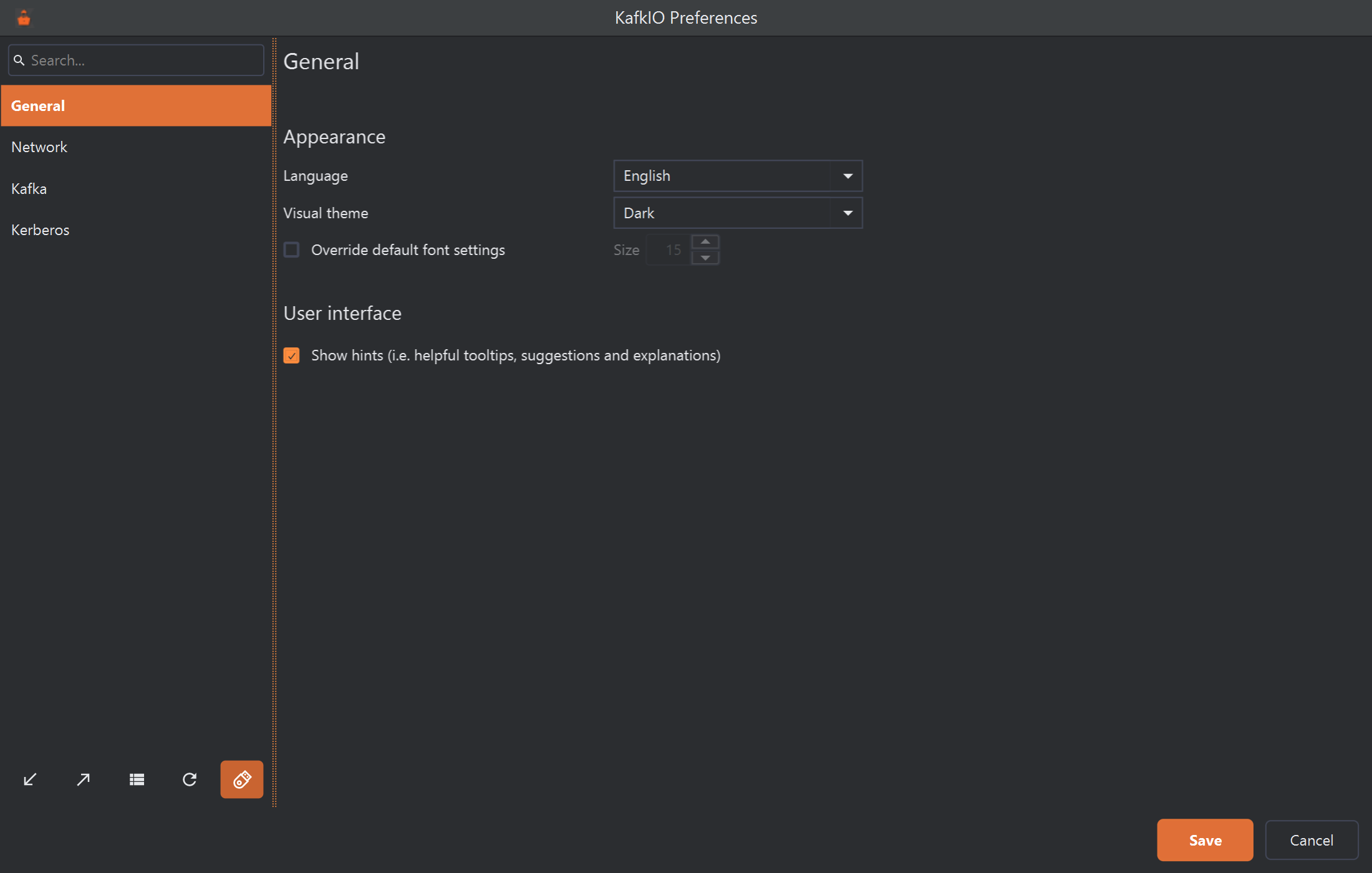 The five icon buttons under the page list in KafkIO Preferences. The fifth, a USB stick, has an orange background because it has just been switched on.
