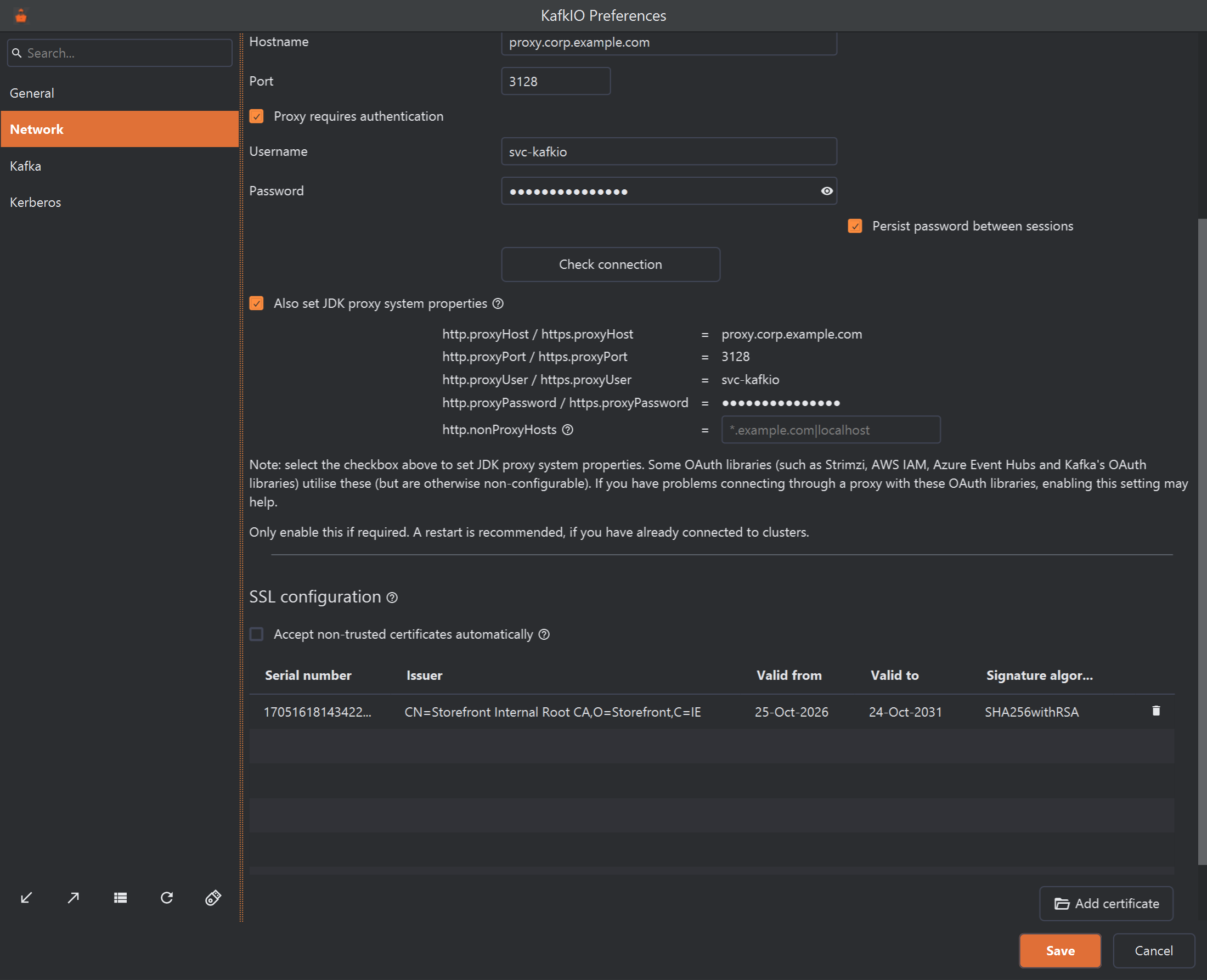 The SSL configuration section at the bottom of the Network page. Accept non-trusted certificates automatically is unticked. Below it, a table with the columns Serial number, Issuer, Valid from, Valid to and Signature algorithm has one row: serial 17051618143422..., issuer CN=Storefront Internal Root CA,O=Storefront,C=IE, valid from 25-Oct-2026 to 24-Oct-2031, SHA256withRSA, and a bin icon at the end of the row. An Add certificate button is under the table, above Save and Cancel.