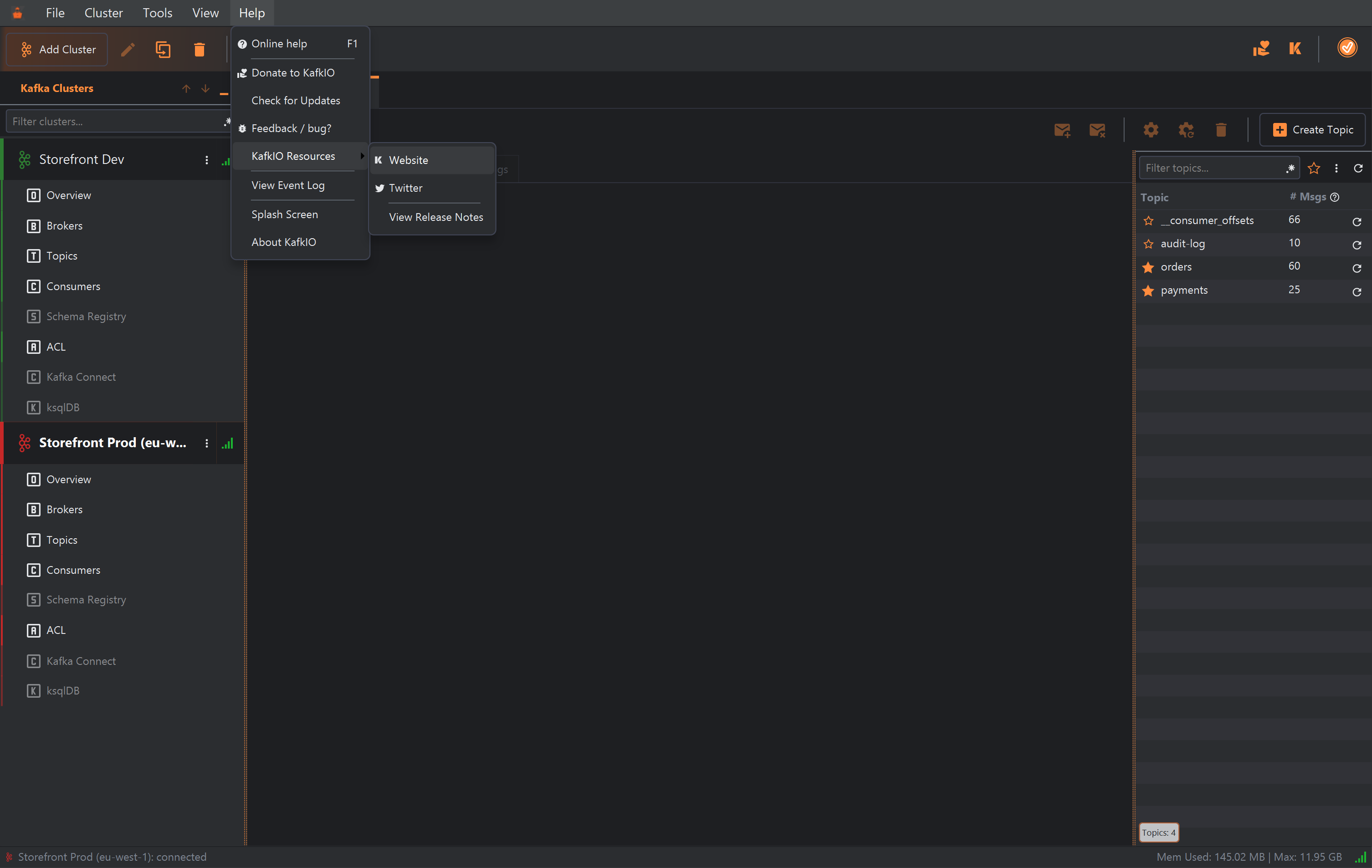 KafkIO's Help menu open, listing Online help (F1), Donate to KafkIO, Check for Updates, Feedback / bug?, KafkIO Resources, View Event Log, Splash Screen and About KafkIO. The KafkIO Resources submenu is open beside it with Website, Twitter and View Release Notes.