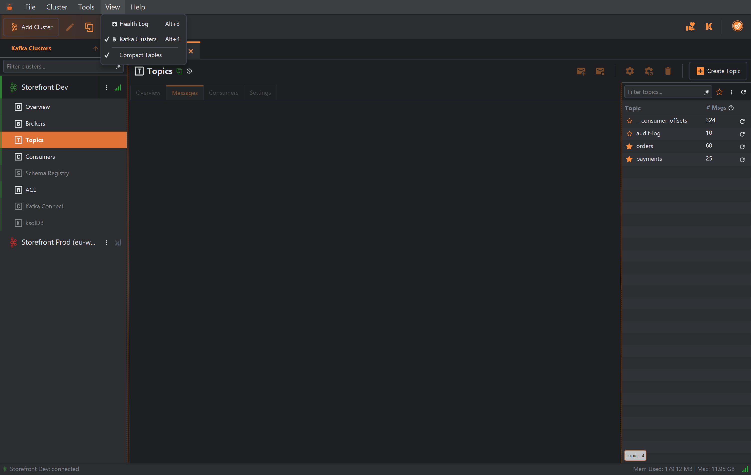 KafkIO's View menu open, listing Health Log with Alt+3, Kafka Clusters with Alt+4 and Compact Tables