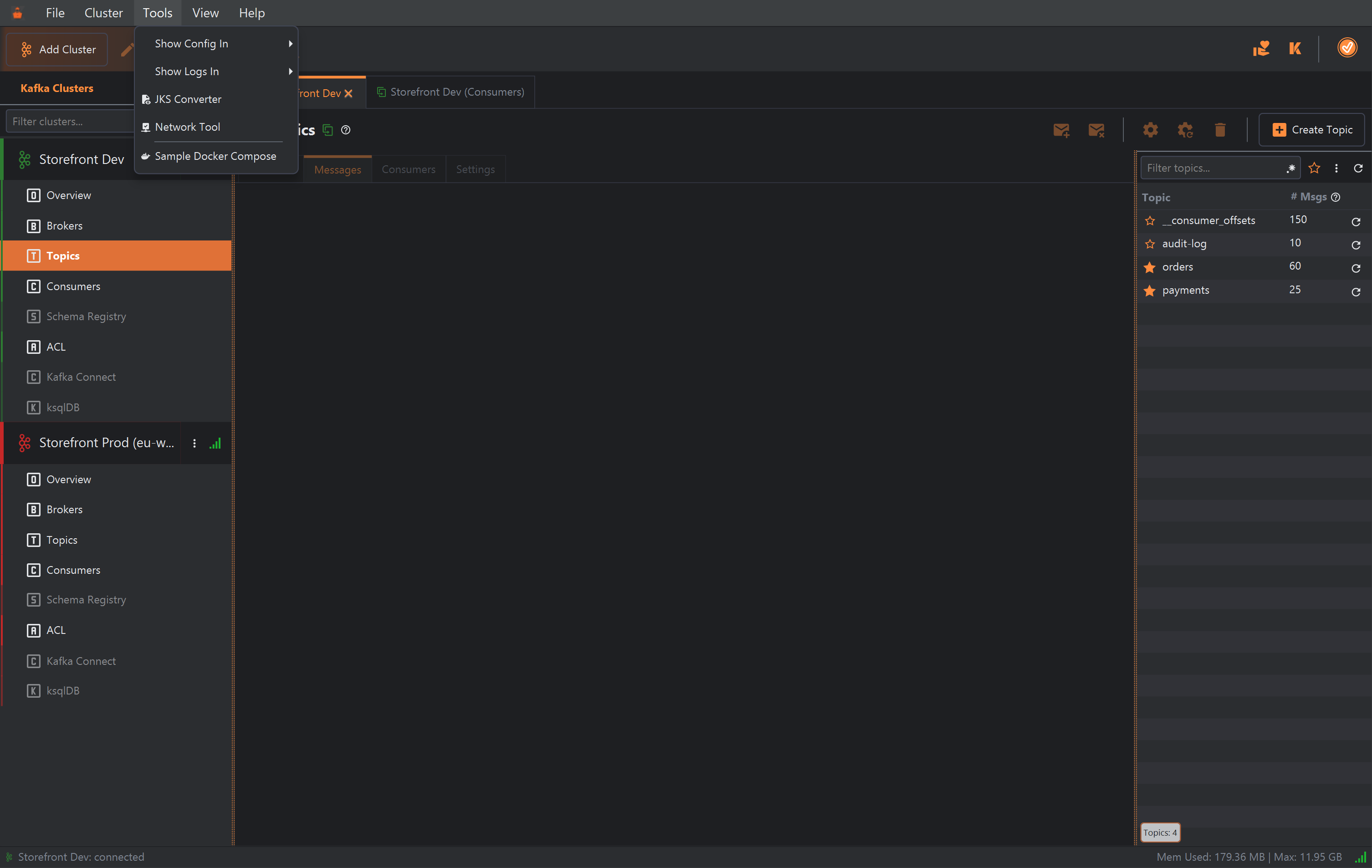 KafkIO's main window with the Tools menu open. It lists Show Config In, Show Logs In, JKS Converter, Network Tool and Sample Docker Compose; JKS Converter is highlighted. Behind it, Storefront Dev and Storefront Prod are connected, and Storefront Dev's Topics section is open beside a duplicated Storefront Dev (Consumers) tab.