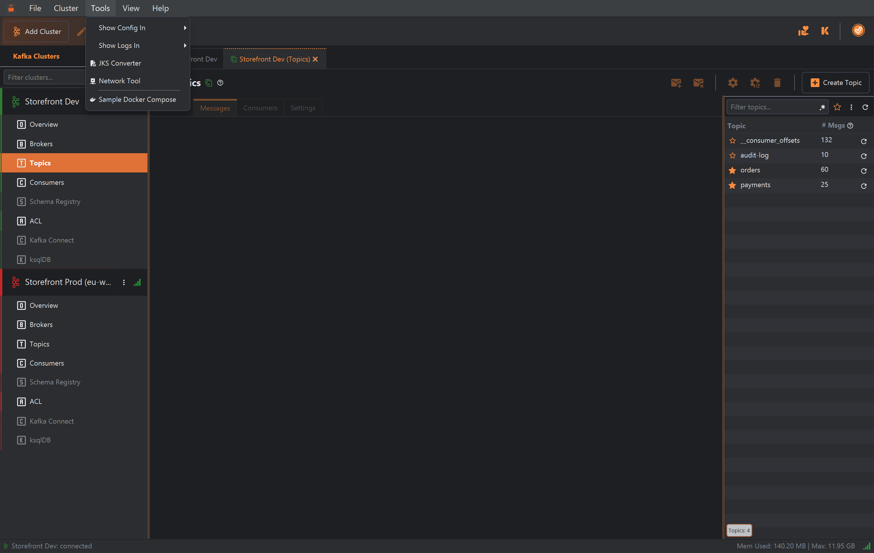 KafkIO's main window with the Tools menu open. It lists Show Config In, Show Logs In, JKS Converter, Network Tool and Sample Docker Compose; Network Tool is highlighted. Behind it, Storefront Dev and Storefront Prod are connected, and a duplicated Storefront Dev (Topics) tab is open.