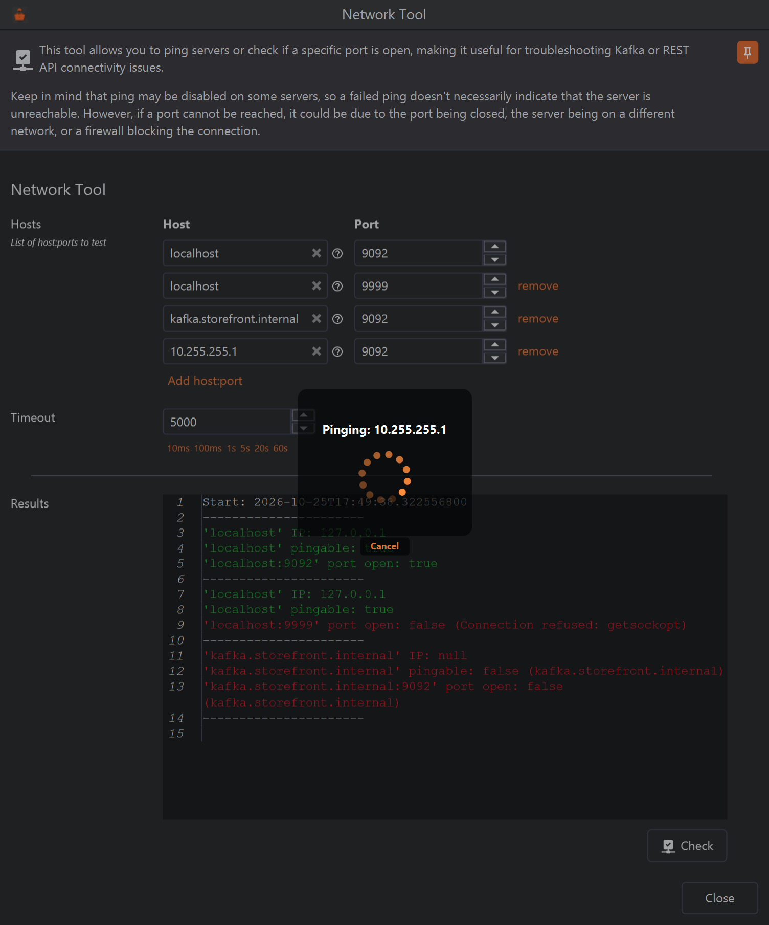 The Network Tool while checking, dimmed under a progress overlay that reads Pinging: 10.255.255.1, with a spinner and a Cancel link. The results of the first three hosts are already listed behind it.