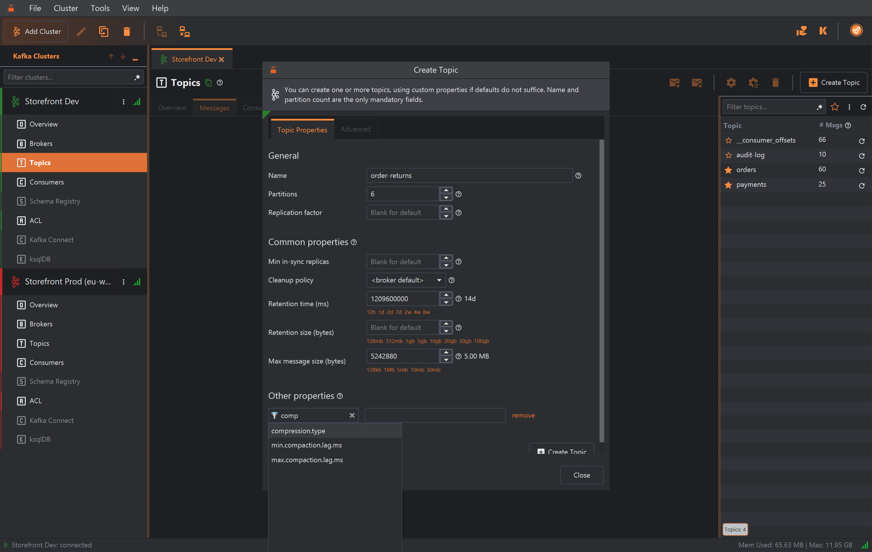 Under Other properties, a new row's list is open with comp typed in its search box, showing compression.type, min.compaction.lag.ms and max.compaction.lag.ms. The value field beside it is empty, followed by a remove link.