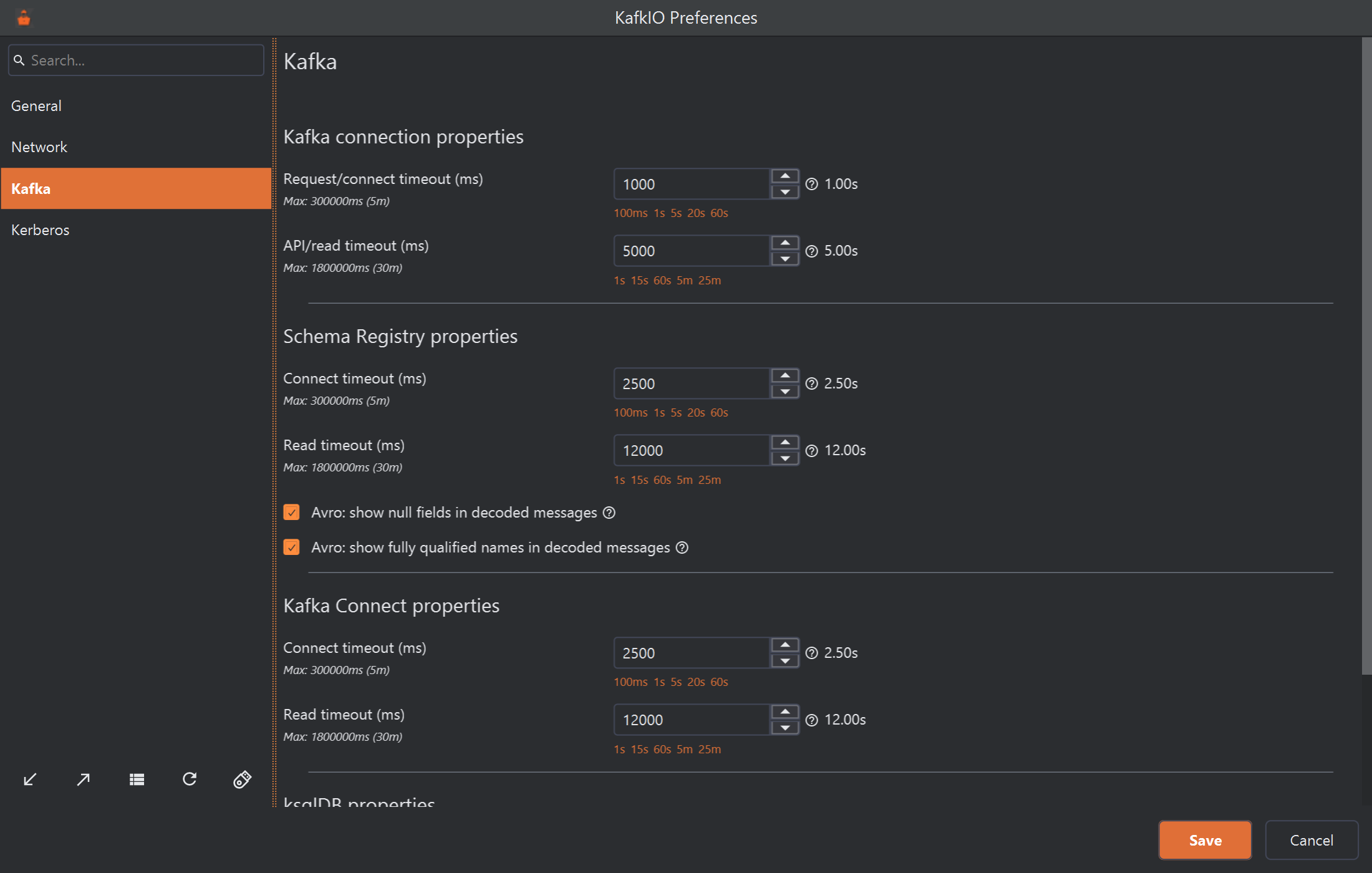 The KafkIO Preferences window on the Kafka page. Under Schema Registry properties, below the connect and read timeouts, two ticked check boxes: Avro: show null fields in decoded messages, and Avro: show fully qualified names in decoded messages.