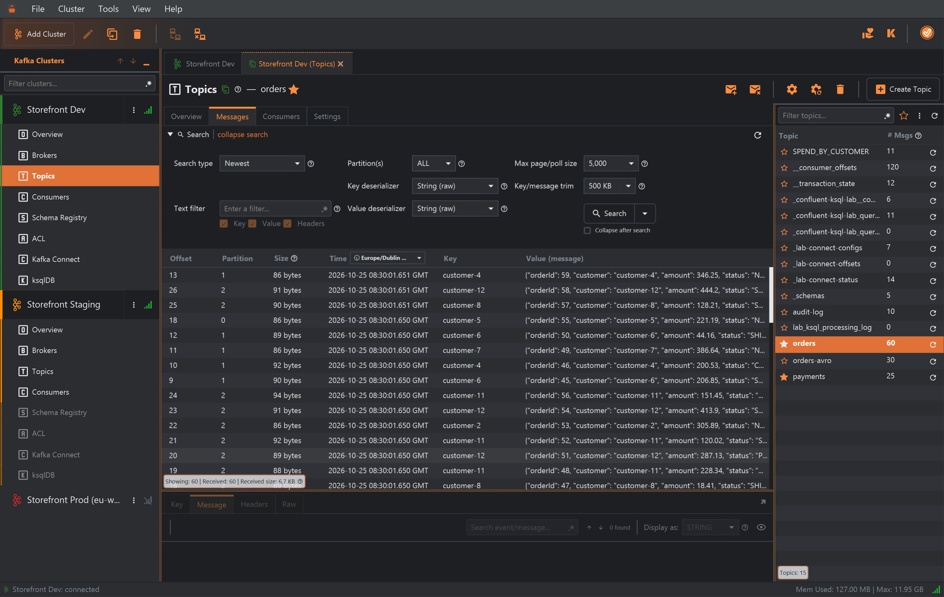 The Topics section of the Storefront Dev cluster in a duplicated tab, Storefront Dev (Topics), with the orders topic selected. The topic toolbar at the top right holds, from the left, the Produce Message(s) and Clear Messages buttons, then Edit Settings, Re-create Topic, Delete Topic and Create Topic. The orders topic is highlighted in the topics list on the right, with 60 messages.