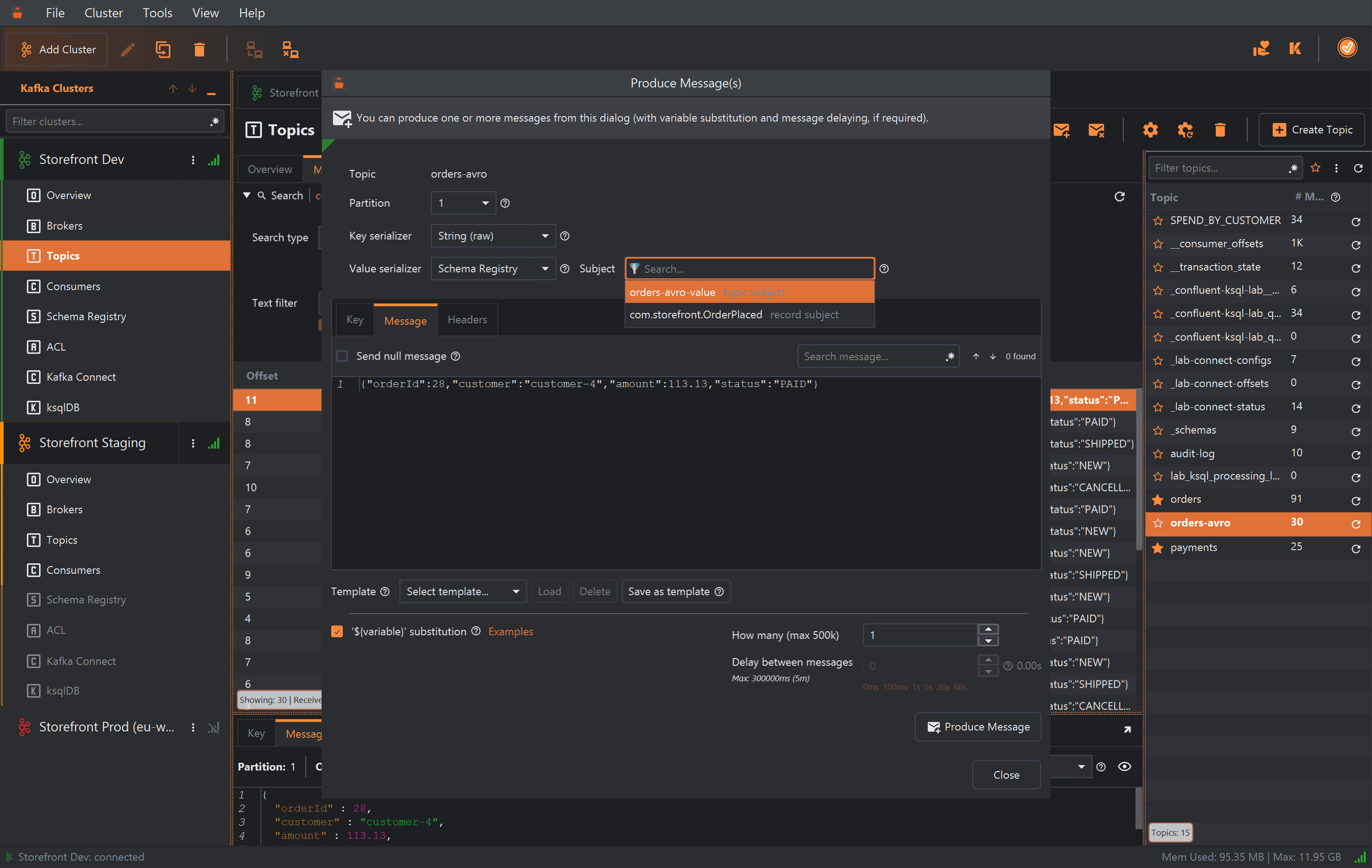 The Produce Message(s) dialog for the orders-avro topic, opened by re-producing a message: Partition 1, Key serializer String (raw), Value serializer Schema Registry. The Subject drop-down is open with a Search box and two subjects: orders-avro-value, labelled topic subject and highlighted, and com.storefront.OrderPlaced, labelled record subject. The Message tab below holds the order as JSON: orderId 28, customer customer-4, amount 113.13, status PAID.