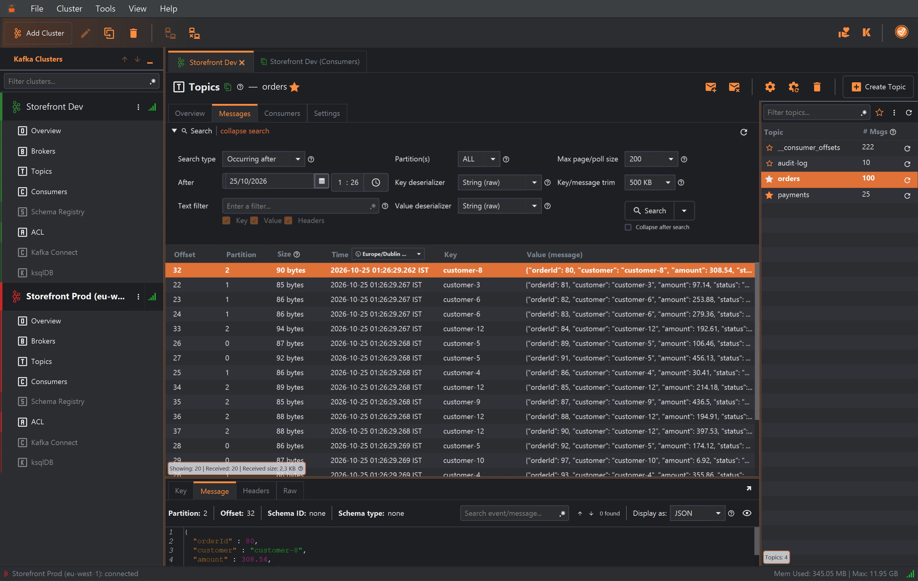 The search form with Search type Occurring after, the date 25/10/2026 and the time 1:26, all partitions and a page size of 200. The table lists messages timestamped 01:26:29, oldest first, starting with orderId 80, and the badge reads Showing: 20, Received: 20.