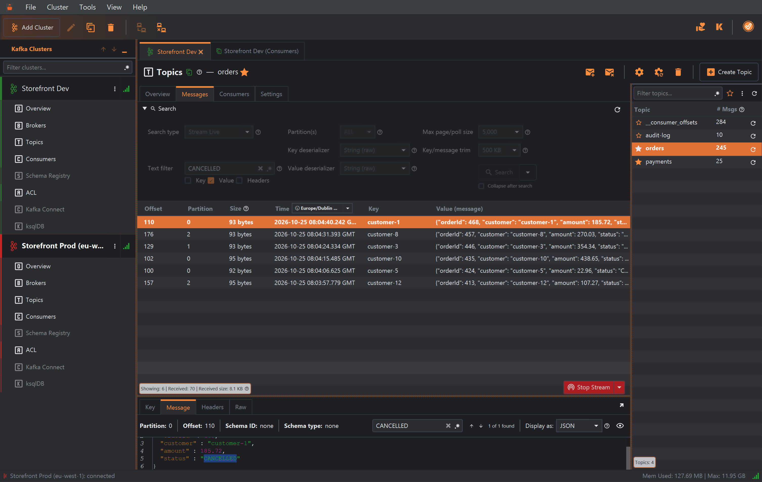 A live stream on orders with Text filter CANCELLED and only Value ticked. The table holds six messages, all with status CANCELLED, newest at the top. The badge reads Showing: 6, Received: 70, Received size: 8.1 KB. The selected message is shown in the detail pane, where the word CANCELLED is highlighted and the search box reads 1 of 1 found.