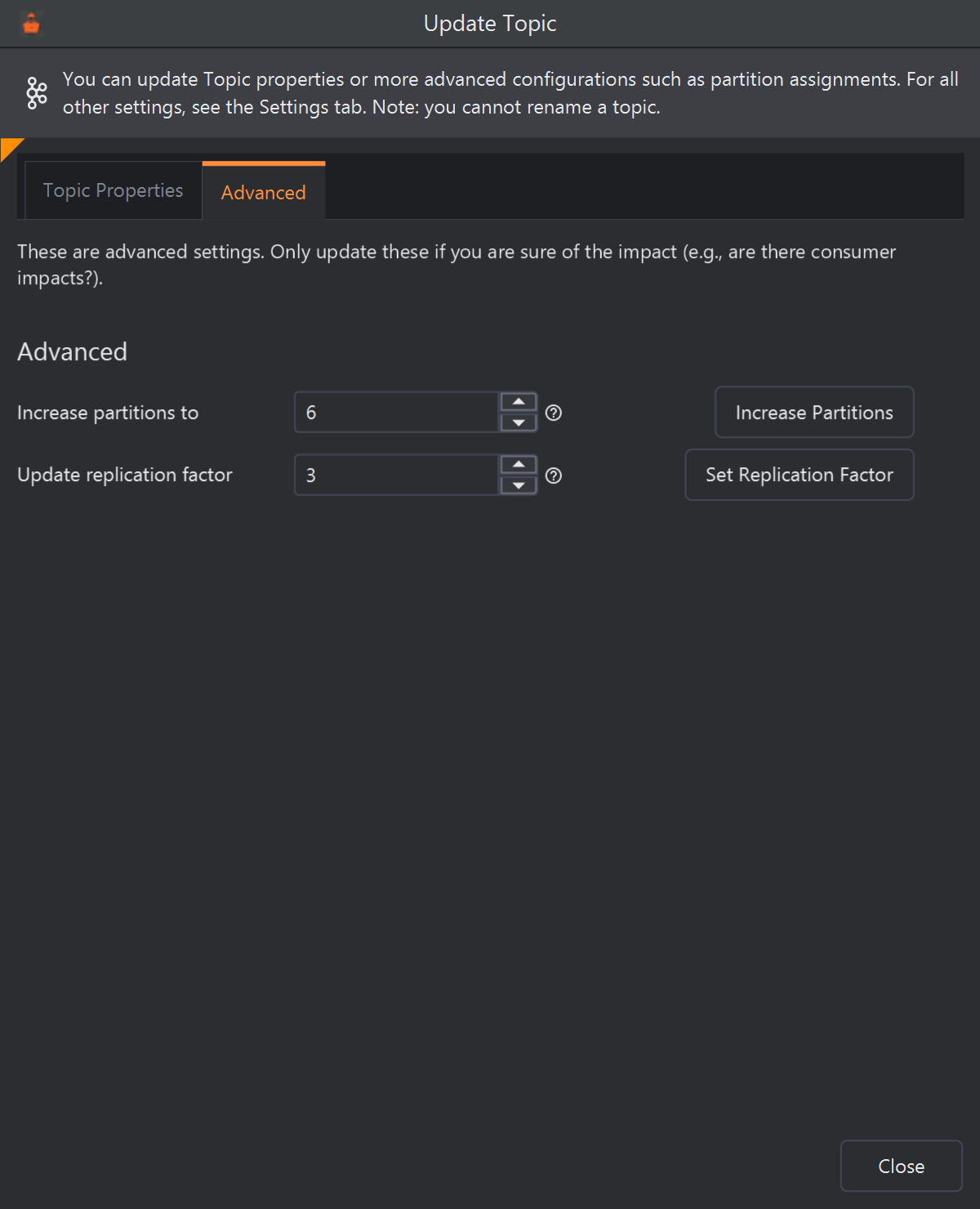 The Advanced tab of Update Topic for inventory: a note that these are advanced settings, Increase partitions to 6 with an Increase Partitions button, and Update replication factor 3 with a Set Replication Factor button.