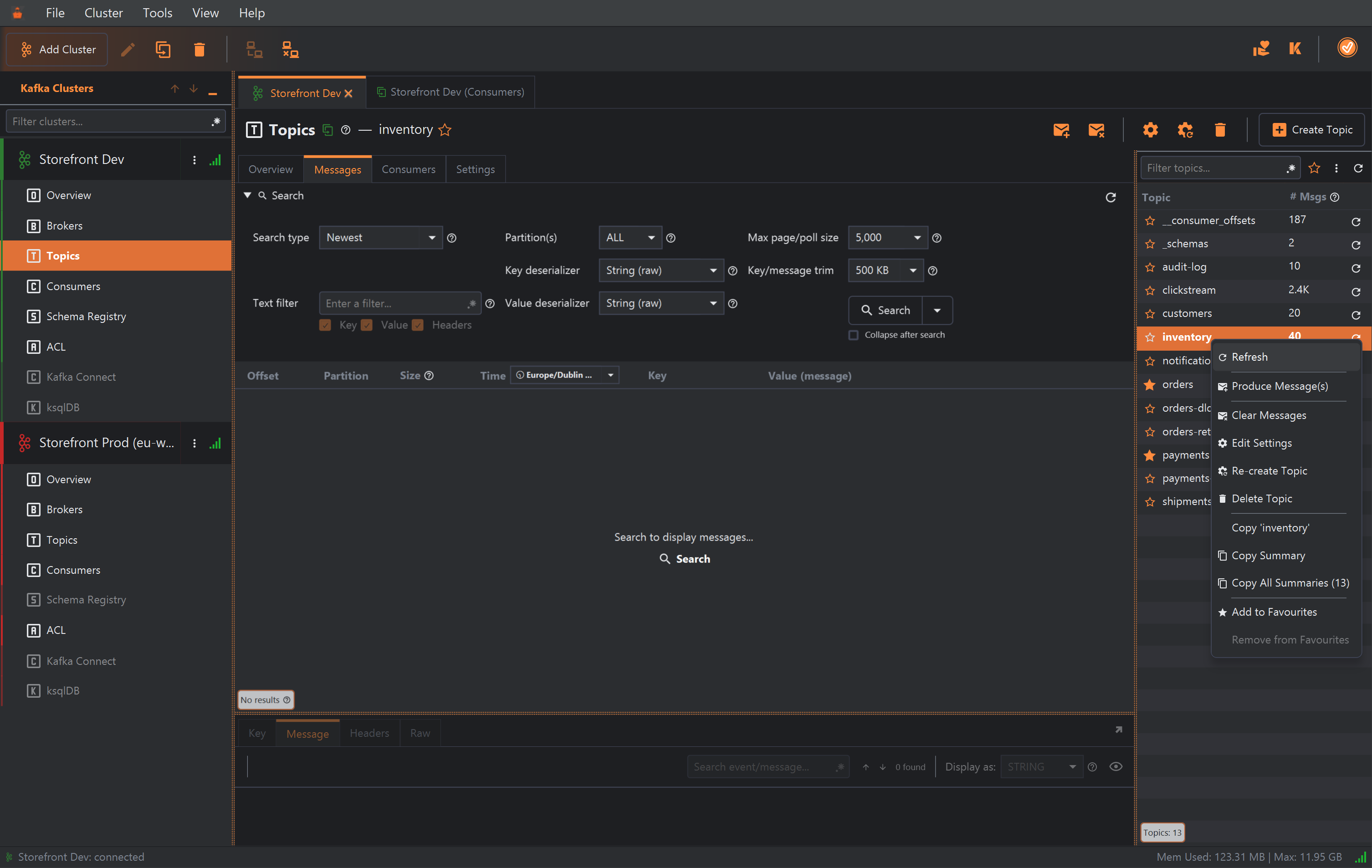 The right-click menu of the inventory topic in the topics list: Refresh; Produce Message(s); Clear Messages, Edit Settings, Re-create Topic, Delete Topic; Copy 'inventory', Copy Summary, Copy All Summaries (13); Add to Favourites, and Remove from Favourites greyed out.