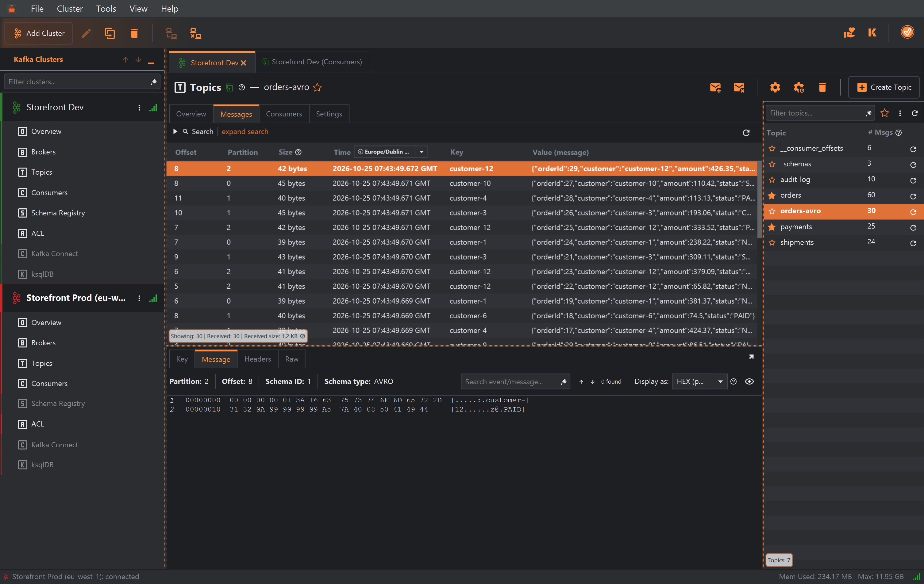 The Message tab with Display as set to HEX (pre-deserialization). Two lines of hex dump: 00000000, then 00 00 00 00 01 3A 16 63 75 73 74 6F 6D 65 72 2D and the text .....:.customer-; 00000010, then 31 32 9A 99 99 99 99 A5 7A 40 08 50 41 49 44 and the text 12......z@.PAID.