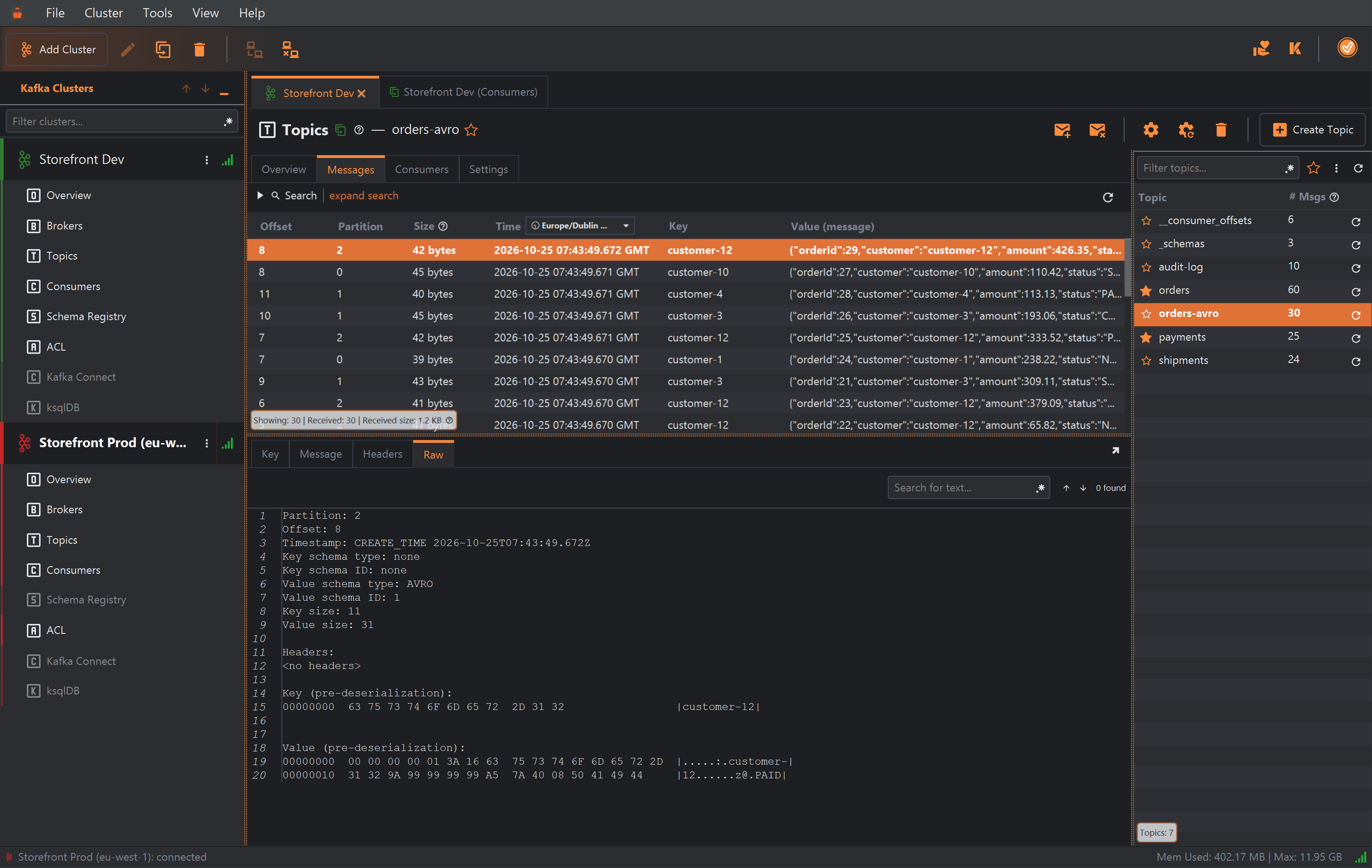 The Raw tab for the Avro message: Partition: 2, Offset: 8, Timestamp: CREATE_TIME 2026-10-25T07:43:49.672Z, Key schema type: none, Key schema ID: none, Value schema type: AVRO, Value schema ID: 1, Key size: 11, Value size: 31, Headers: no headers, then Key (pre-deserialization) as a hex dump reading customer-12, and Value (pre-deserialization) as a hex dump, with a Search for text box above.